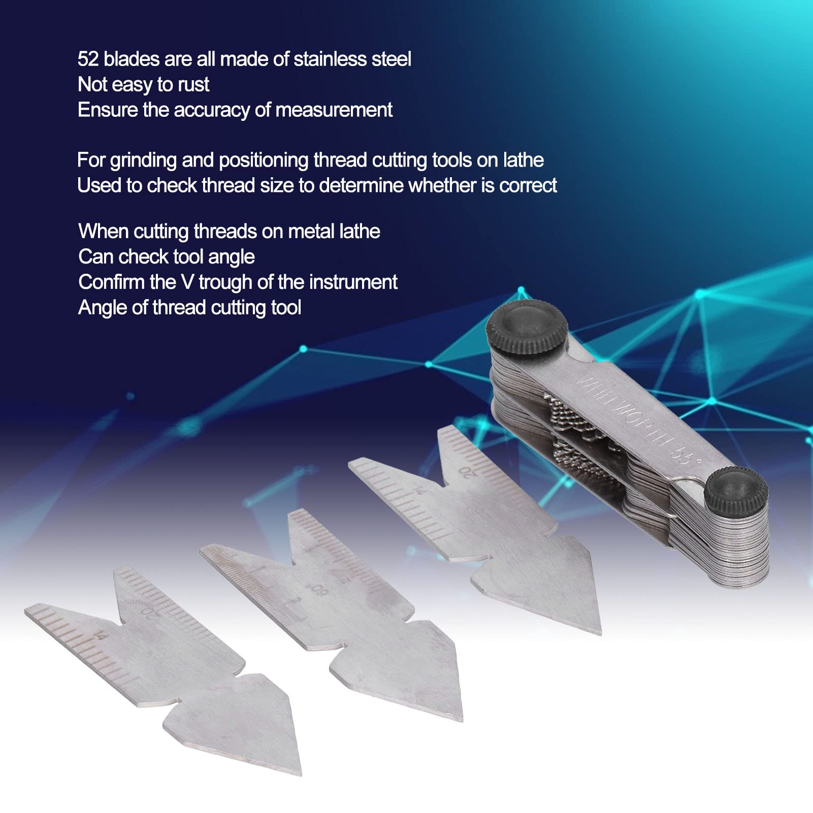 Centre Gauge, 4Pcs Thread Pitch Cutting Gauge, 55° 60° 52 Blades Stainless Steel Centre Gauges, Screw Thread Pitch Cutting Gauge Tool, Thread Gauges