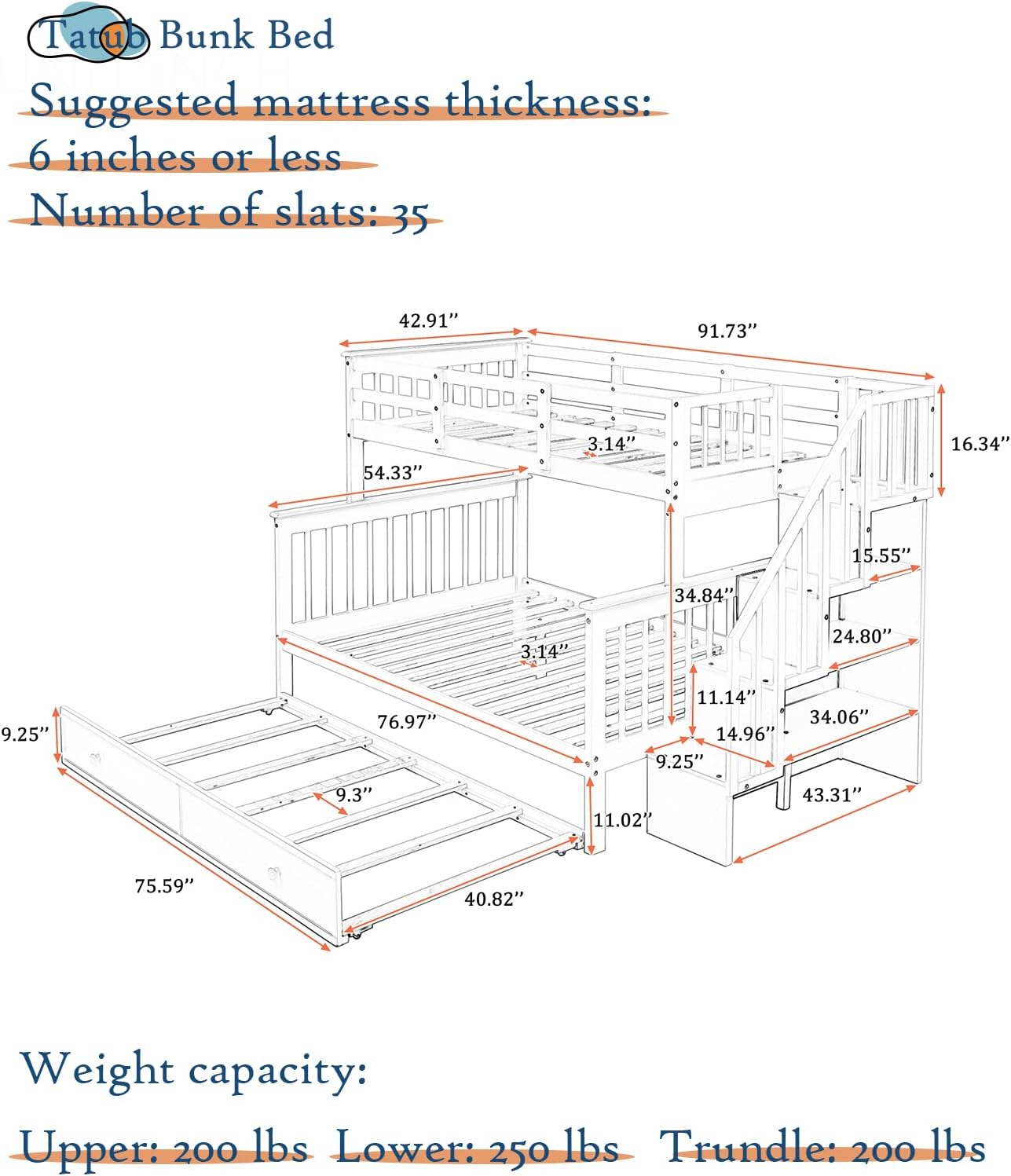 Detailed dimensions of the Tatub Bunk Bed