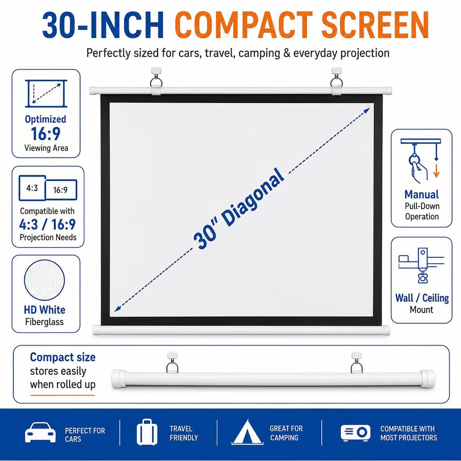 Schermo per Proiettore Portatile da 30" per Auto, Schermo di Proiezione Manuale Avvolgibile a Discesa, Montaggio a Parete, Superficie Bianca Opaca, Schermo Compatto(16:9)