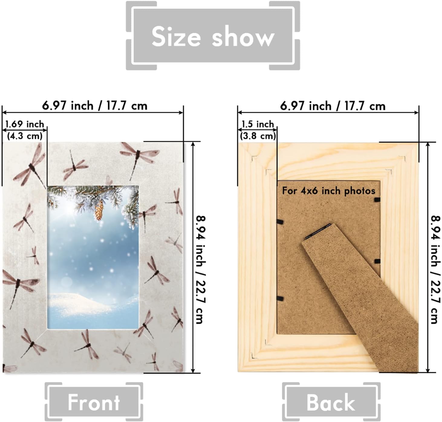 Pardick Picture Frame 4x6 Retro Animal Dragonfly Wood Photo Frames Display Pictures 4x6 Without Mat Tabletop Picture Frame for Bedroom Living Room Home Decor