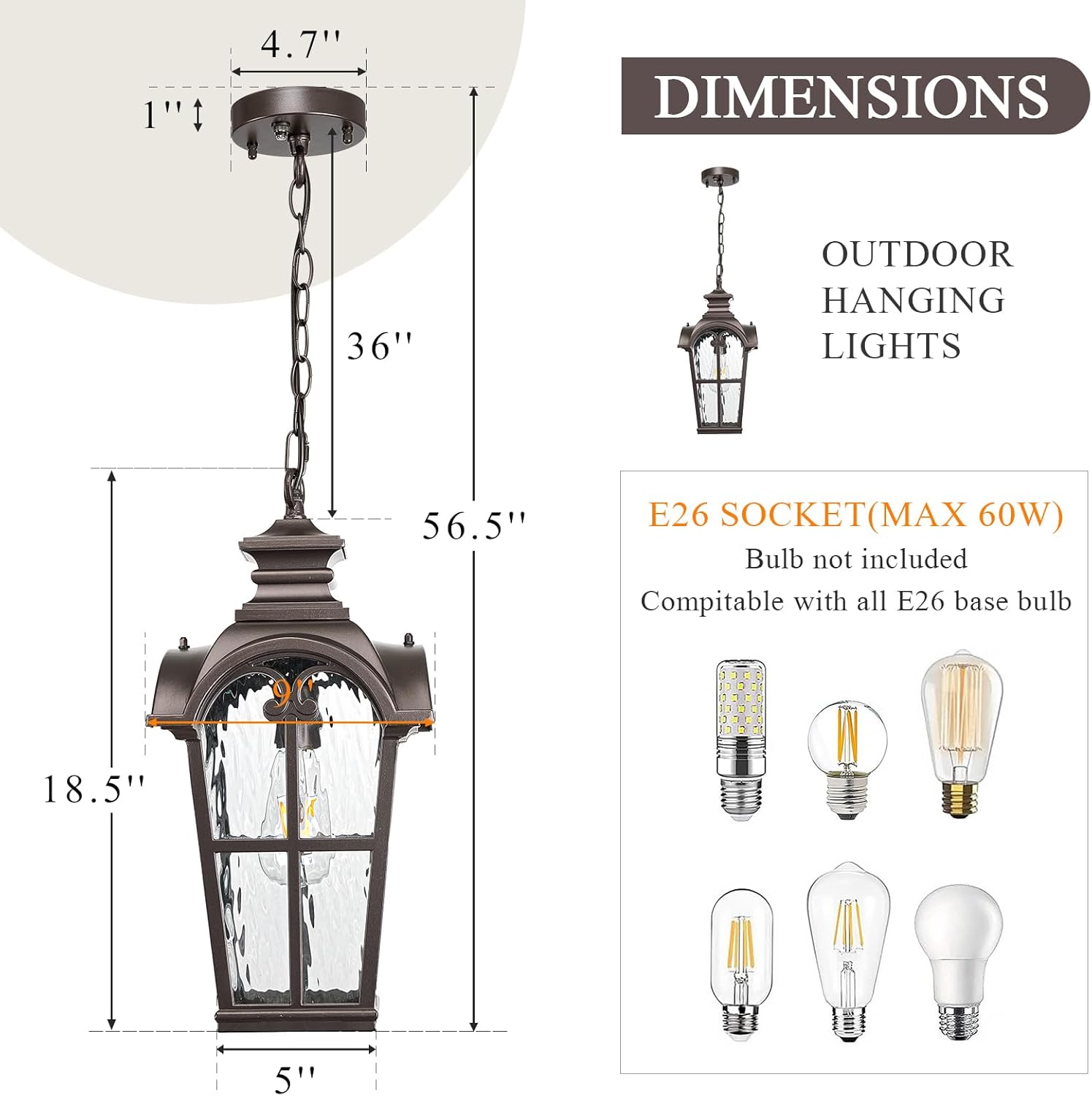 18.5 Inch Large Outdoor Pendant Lights Waterproof Aluminum Hanging Lantern Light with Water Ripple Glass Oil Rubbed Bronze Outdoor Chandelier for Porch Yard Gazebo
