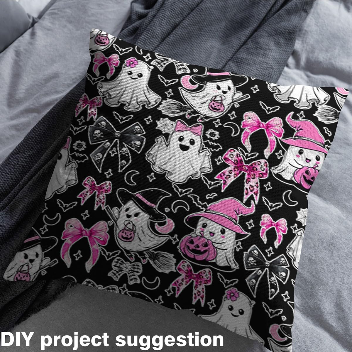 Bow Ghost Halloween Decor Upholstery Fabric for Chairs | Halloween Bats Outdoor Fabric by The Yard 72"x63", Gothic Moon Pumpkin Lantern Goth Witch Hat Skeleton Spider Web Waterproof Fabric,Black