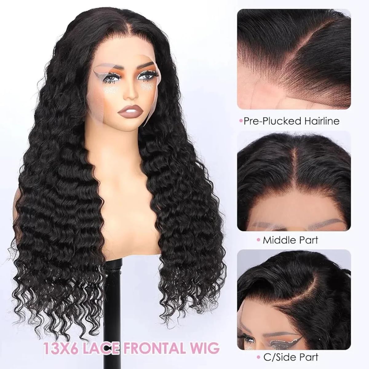 Deep Wave Lace Front Wigs Human Hair 13x6 HD Transparent Lace Deep Curly Frontal Wigs Human Hair 180% Density Glueless Wigs for Women Pre Plucked with Baby Hair Natural Color (26 Inch)