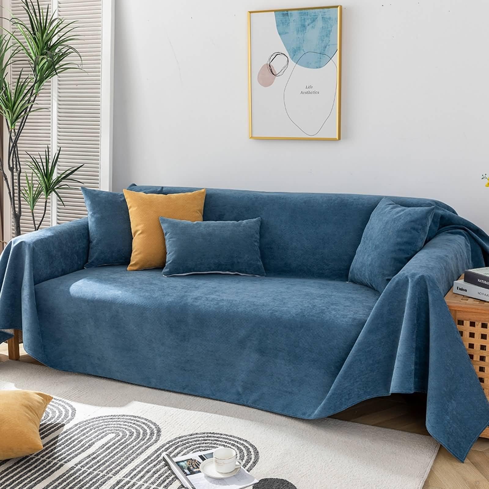 Skcess Outdoor Couch Cover, Dark Blue Polyester Living Room Chair Covers Solid Color 4 Seater(180X360CM)