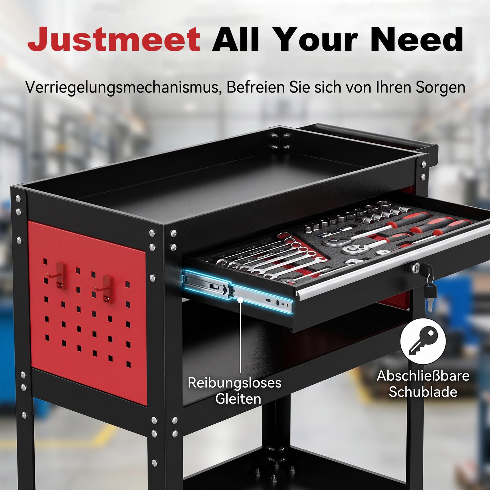 Werkstattwagen 3 Etagen mit Schublade, Werkzeugwagen 70 x 35 x 76 cm, Werkstatt-Rollwagen 200 kg Tragkraft,3 Zoll Rollen für Werkstatt, Garage & Hobby