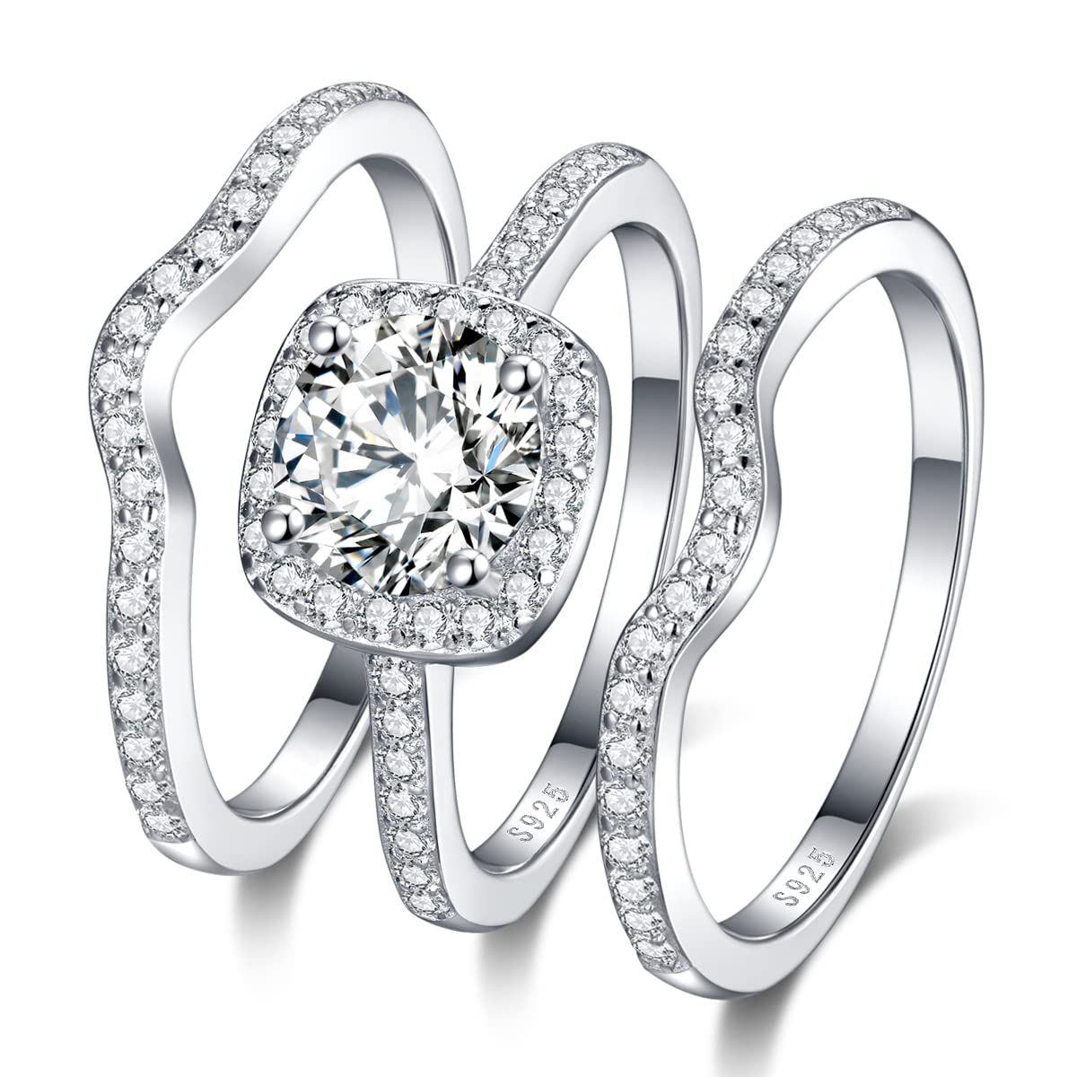 925 Sterling Silver 3 Pcs Bridal Ring Sets Round Cut CZ Engagement Rings for Women Wedding Bands for Women Size 6 7 8 9