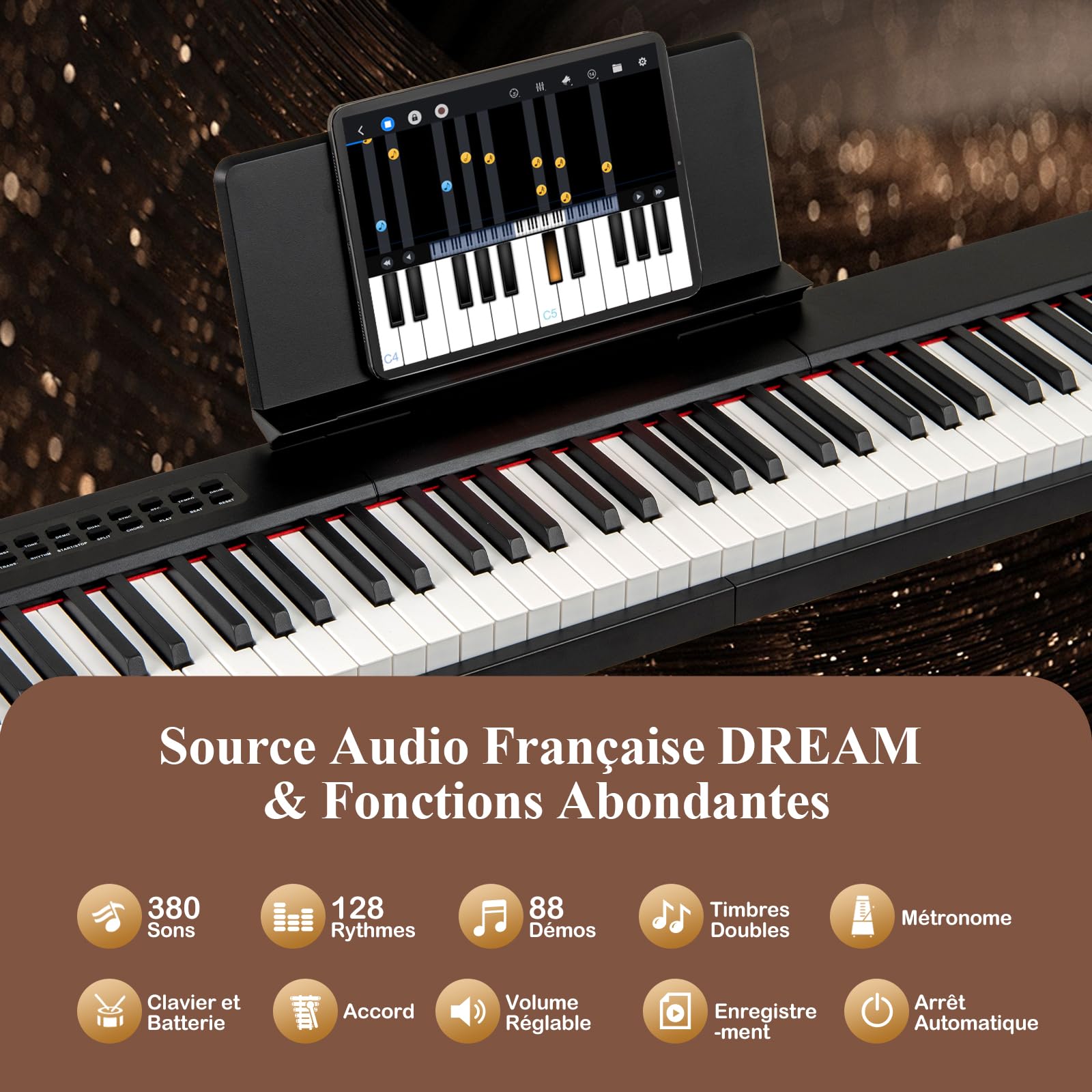 COSTWAY Piano Numérique 88 Touches avec Pupitre & Pédale, Clavier Électronique Portable avec Haut-Parleurs & Fonction MIDI & Sac, 380 Sons 128 Rythmes 88 Démos pour Débutants Enfants (Noir)