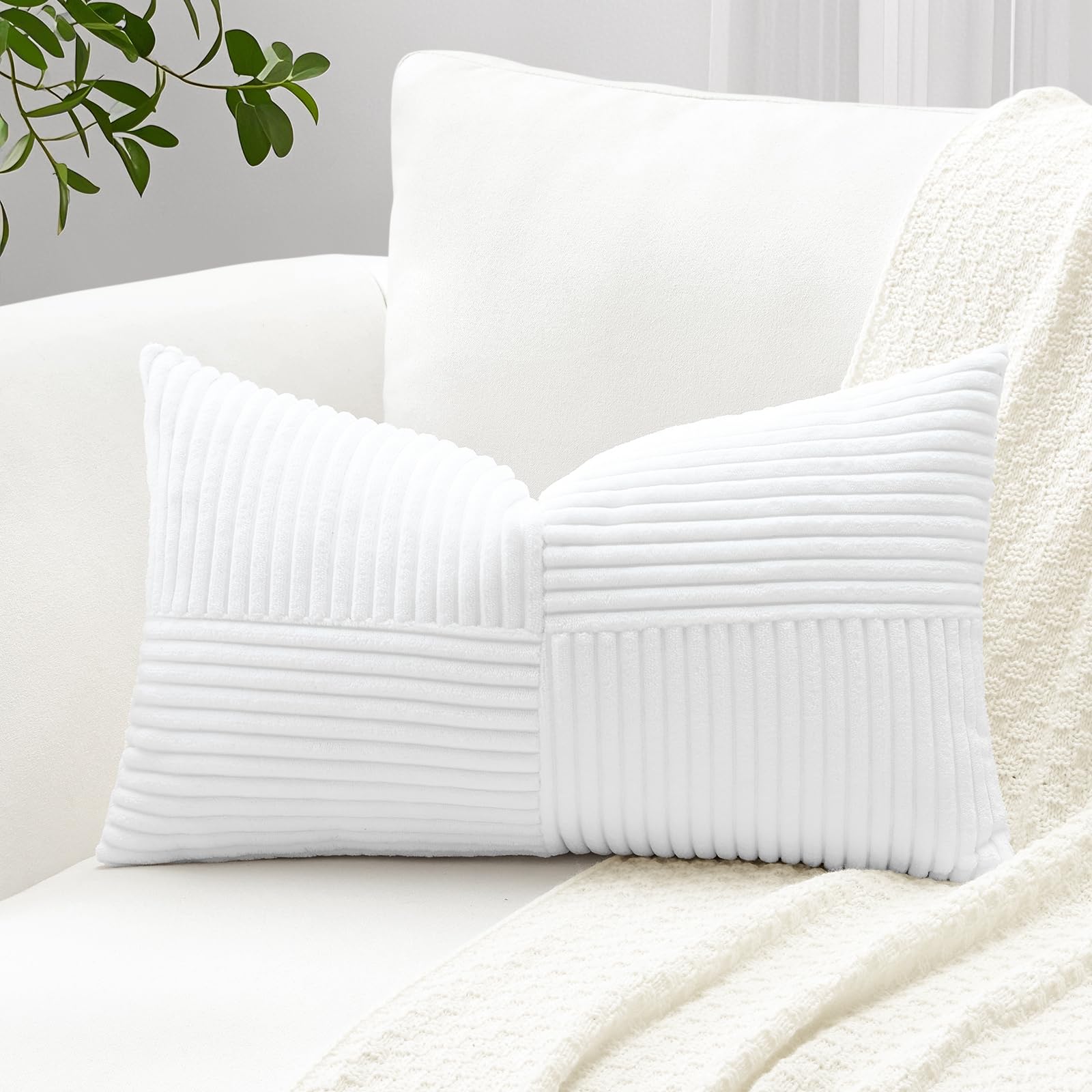 Photo 1 of ************SIMILAR************OTOSTAR Set of 1 Decorative Throw Pillow Cover Soft Corduroy Solid Lumbar Pillow Cases Farmhouse Boho Striped Cross Patchwork Textured Cushion Cover for Sofa Car Bed Living Room 12x20 Inch, White