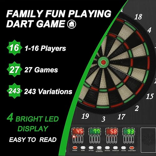 Miniatura 3 de PATIKIL Juego de gabinete electrónico de dardos, diana eléctrica digital LED con puerta de gabinete de madera, tablero de dardos de punta suave con