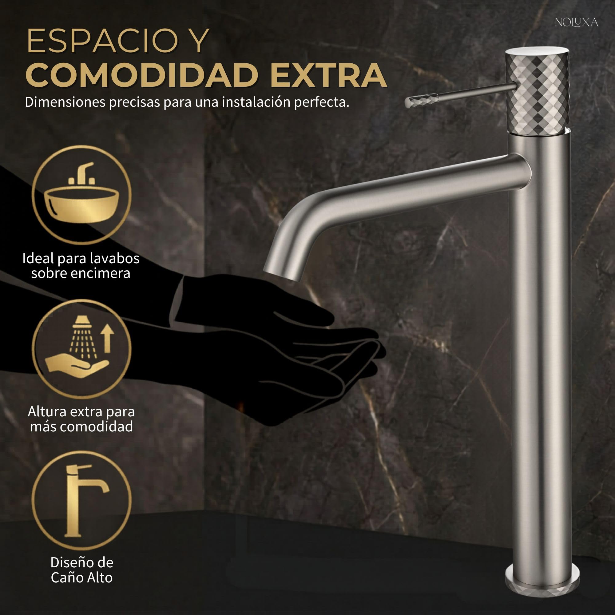 Imex - Robinet de lavabo en nickel avec bec haut | Robinet pour lavabo de salle de bain avec eau froide et chaude | Robinetterie monocommande effetus cascade avec bec en laiton | Série Gênes | Couleur