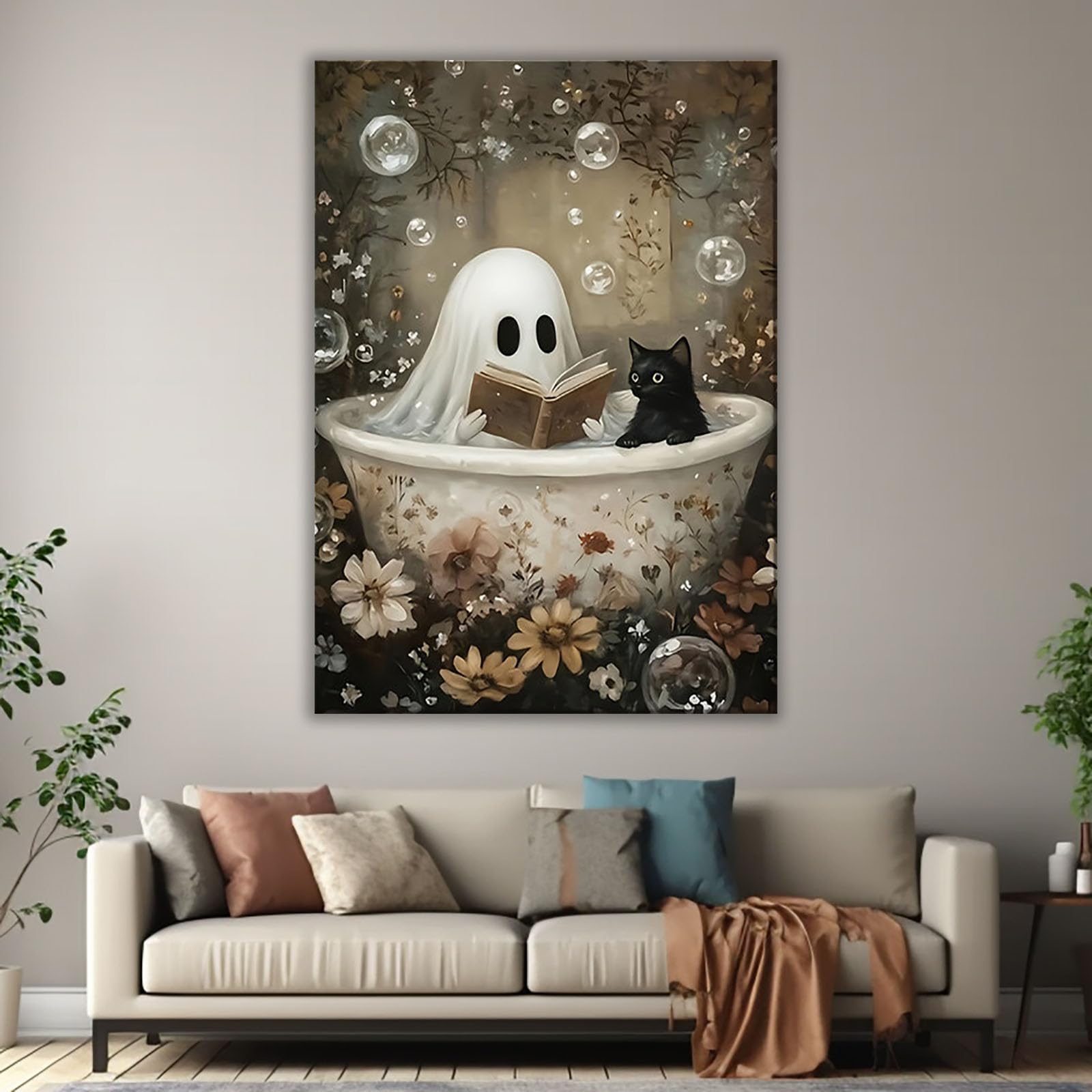 AMXBZC Halloween abstrakcyjny obraz ścienny książki kwieciste dzieła sztuki obraz Halloween akademik dekoracja ścienna, salon jadalnia obraz do dekoracji wnętrz (beżowy)-40x60cm oprawione