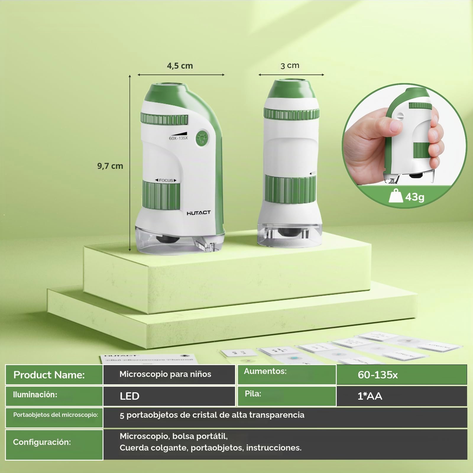 Microscopio Portatil para Niños con Juego de Portaobjetos: 60x-135x Mini Microscopio LED de Bolsillo Regalo Educativo Infantil para Estudiantes Adultos Observación Microbiológica