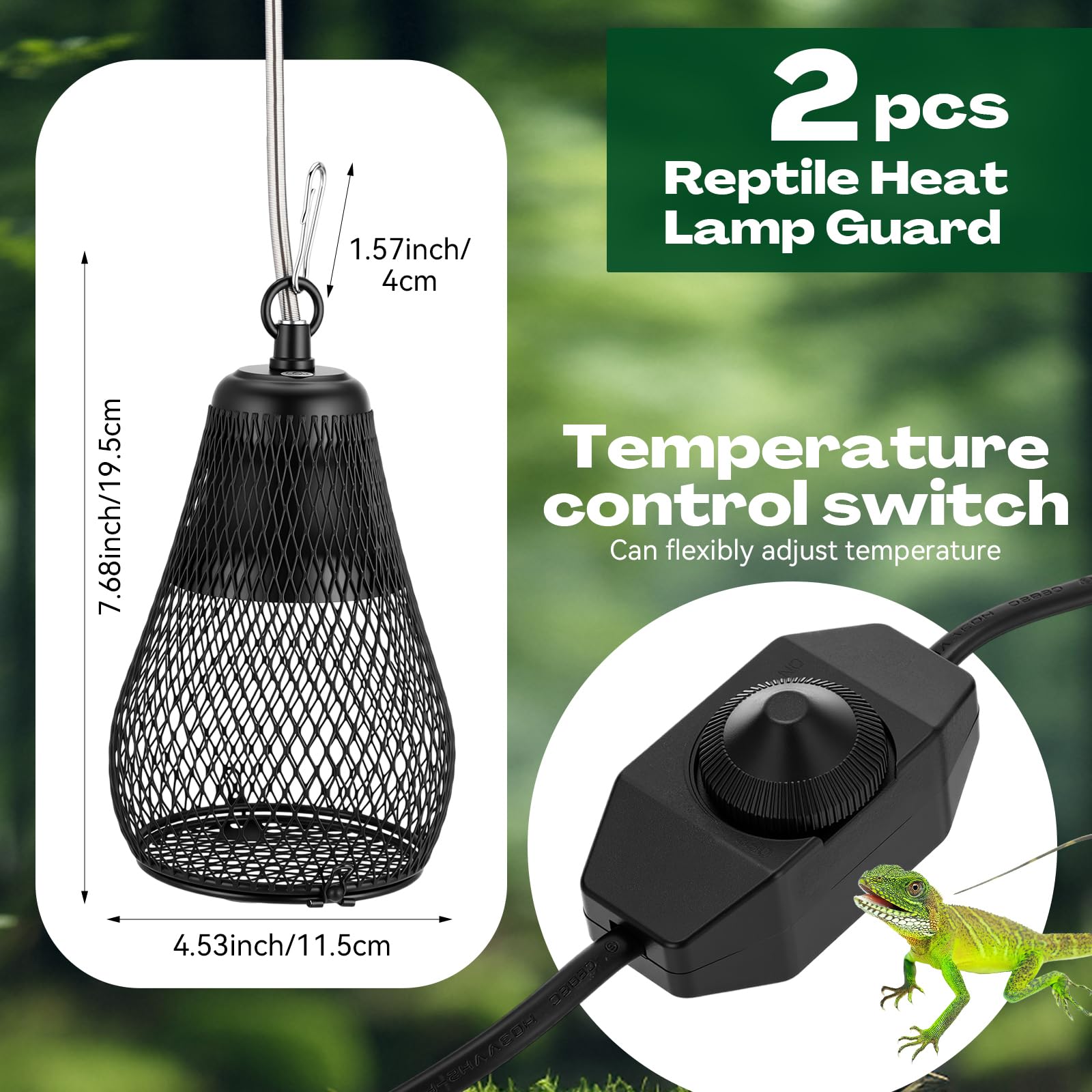 Retisee 2 lámparas de calor para reptiles, pantalla antiquemaduras con interruptor de encendido y gancho antimordeduras para lagartos, serpientes, pollitos, bombilla de 100 W no incluida