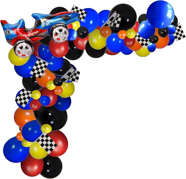 121 Pcs Racing Car Balloons Arch Garland Kit Decorations, Race Car Foil Balloons Checker Flag for Monster Truck Party, Finish Line Race Car,Nascar Party Supplies (Racing Car)