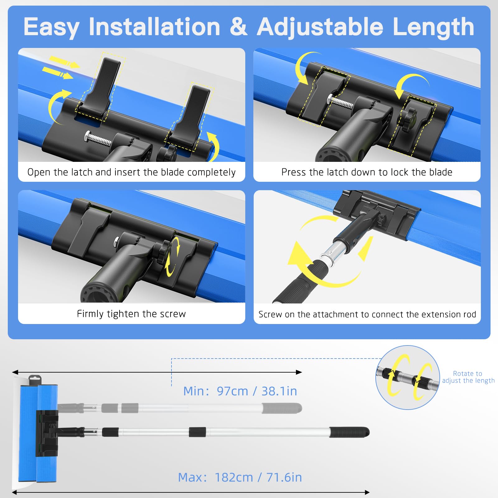 Set di spatole per superfici (250/400/600 mm) e da 0,97 m fino a 1,82 m, asta telescopica con adattatore, kit spatola lisciante multifunzione per grandi aree di lavoro, decorazione da parete (Blu)