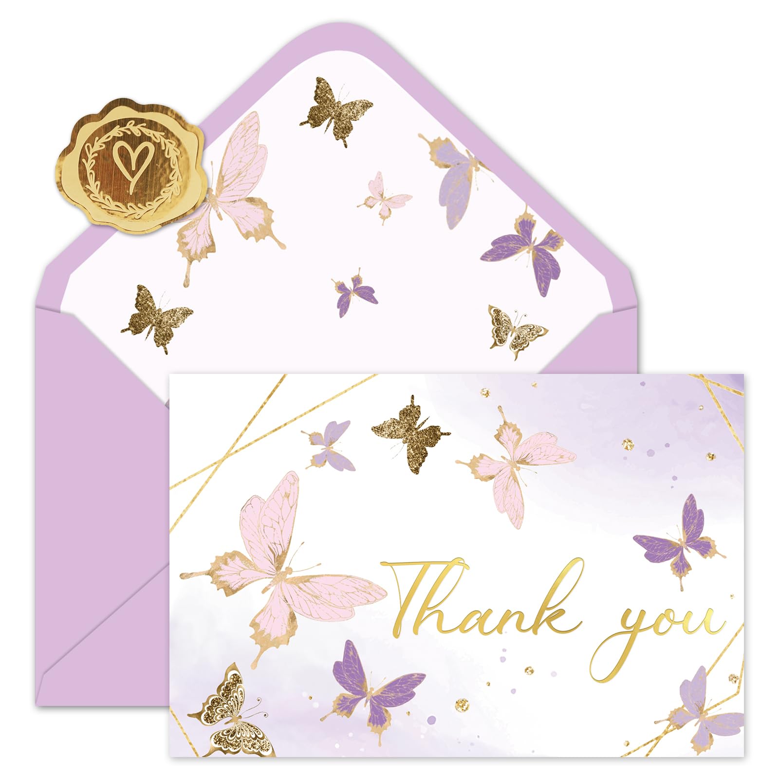 Whaline 30 Pack Butterfly Thank You Cards Gold Foil Purple Greeting Cards with Envelopes Stickers Lavender Blank Note Card for Wedding Birthday Party