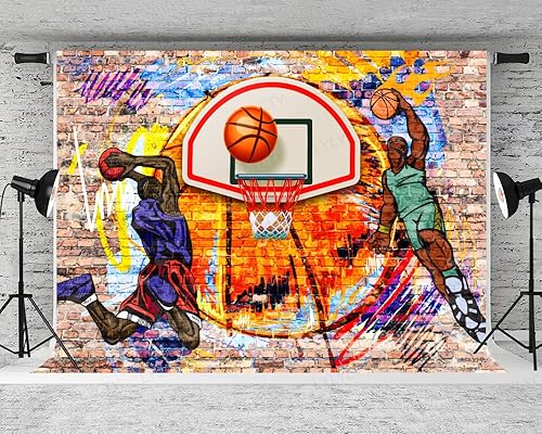 Miniatura 2 de Fondo de baloncesto con temática de graffiti, arte de fotografía deportiva, para decoración de fiesta de cumpleaños, pancarta, cabina de fotos,