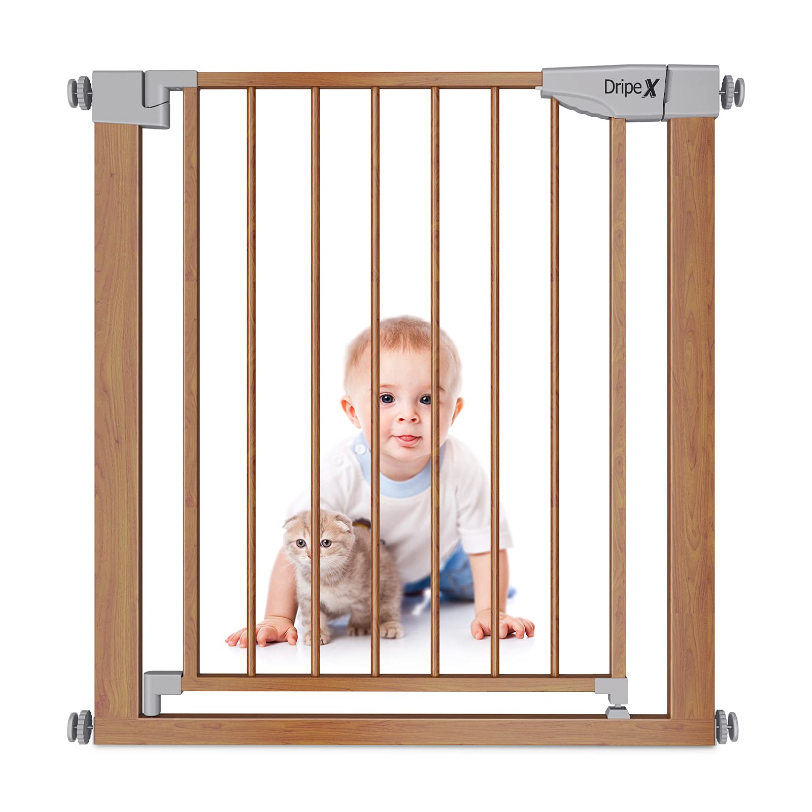 Dripex Stair Gate for Baby and Pet, Safety Pressure Fit, Metal Doors Stairs, Adjustable 75cm - 82cm, Auto Close Gate, One-Handed Operation-Wood Pattern Color