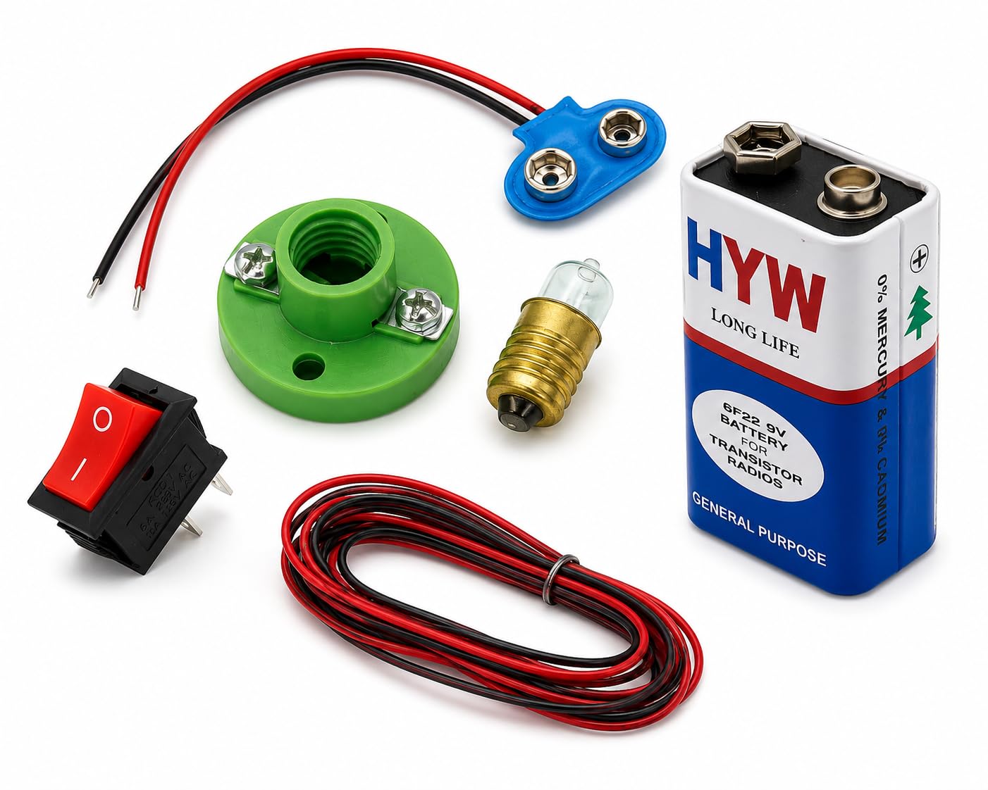 Electrical Components Kit with 9V Battery, Battery Clip Connector, Mini Bulb, Bulb Holder, Rocker Switch and Hook-Up Wire for DIY Electrical Wiring, Testing & Prototyping-image-5