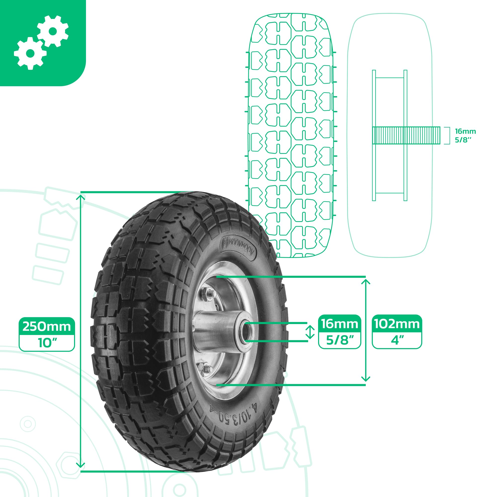 MOOVMOOV Rueda Maciza 4.10/3.50-4 (x2) Orificio para Eje de 16 mm - Cubo Desplazado de 55 mm - Para Carretillas, Carretillas de Mano, Carros, Etc. - Incluye Anillo de Bloqueo + Tapa Autolock