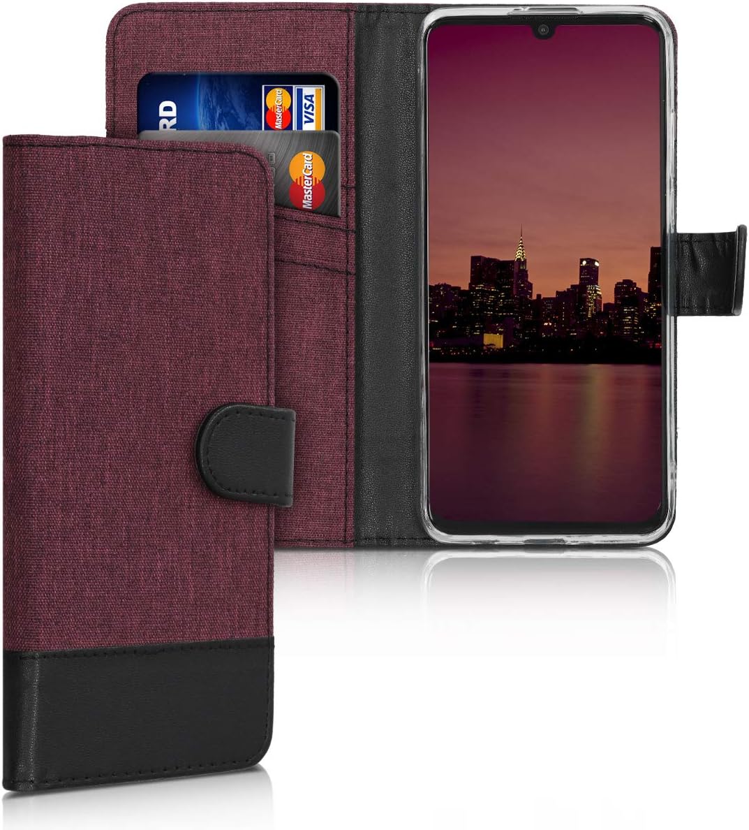 kwmobile Wallet Case Compatible with Huawei P30 Lite - Case Fabric and Faux Leather Phone Flip Cover - Dark Red/Black