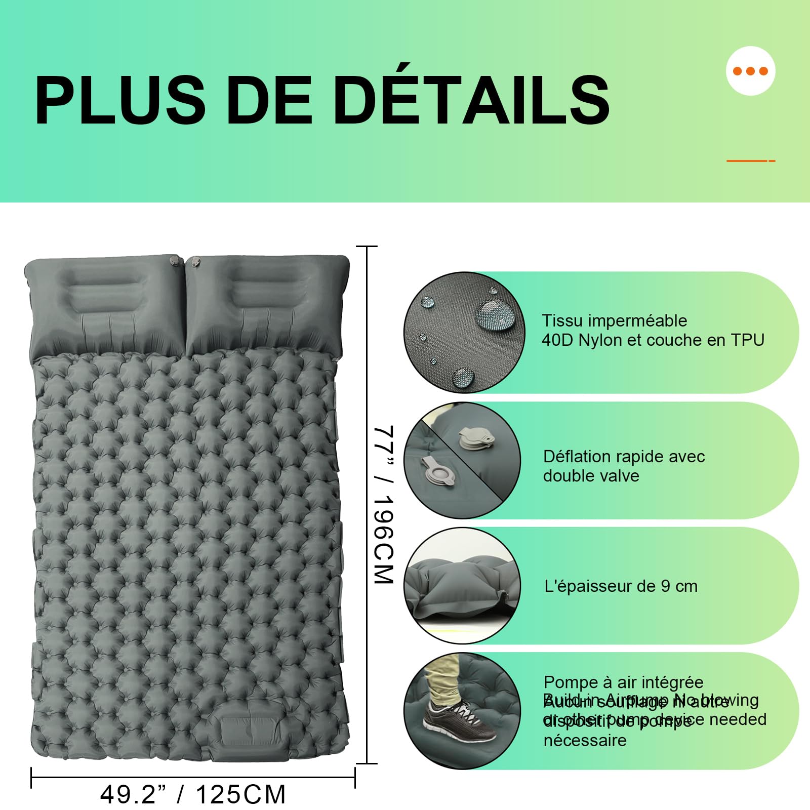 Matelas Autogonflant 2 Personnes, Matelas de Camping Autogonflant avec Pompe à Pied, Portable Tapis de Matelas Pneumatique pour la Randonnée, Plage, Voyage, Pique-Nique