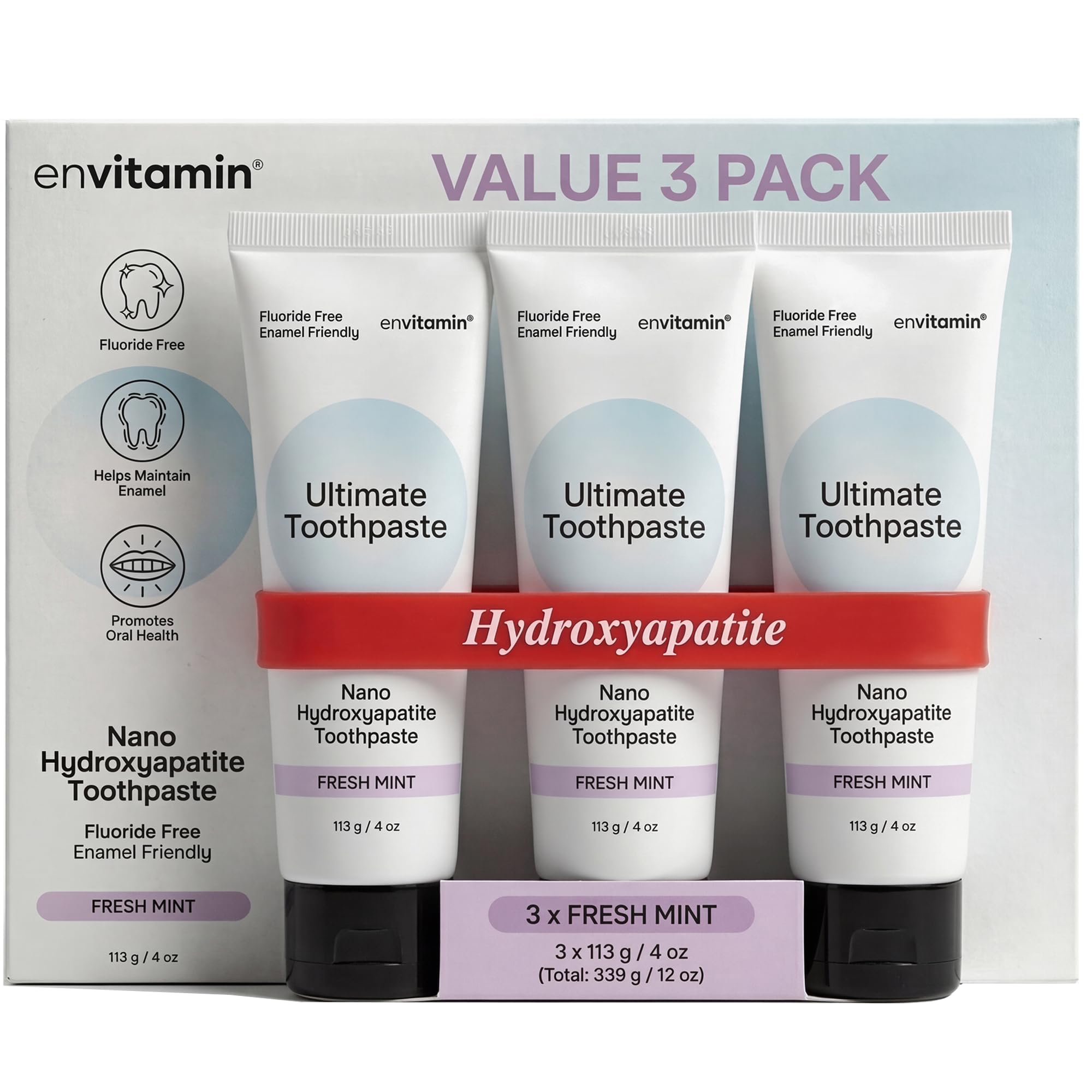 envitamin Dentifricio nano idrossiapatite senza fluoro per rimineralizzare smalto e sollievo sensibile, sbiancante, antiplacca, senza SLS, menta fresca, 113,4 g (3 tubetti, menta fresca)