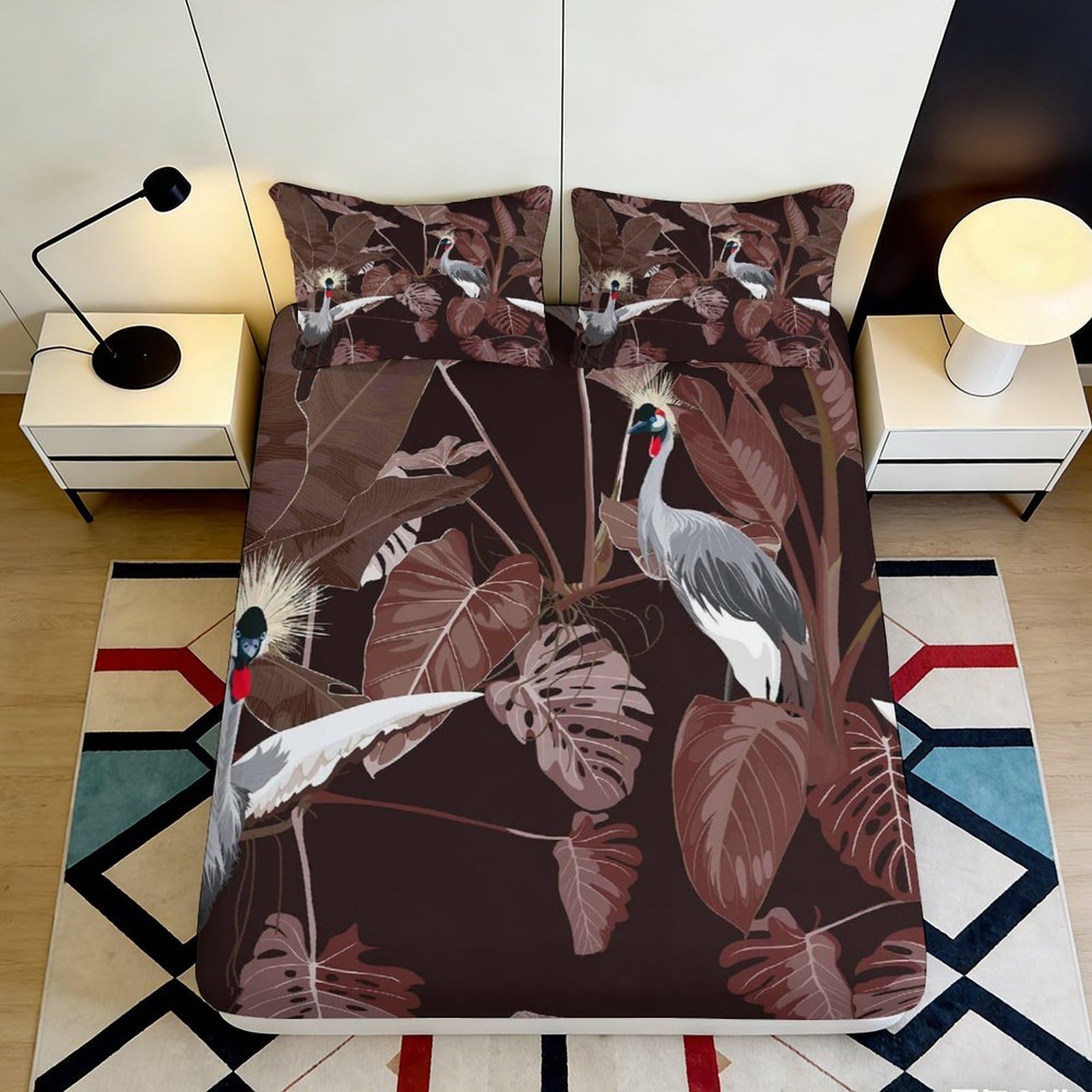 3D Printed Tropical Crane Fitted Sheet Microfiber Durable Soft 3D Leaf Pattern Bed Cover for Bedroom Dormitory Guest Room Mattress Protection 140x200x25cm