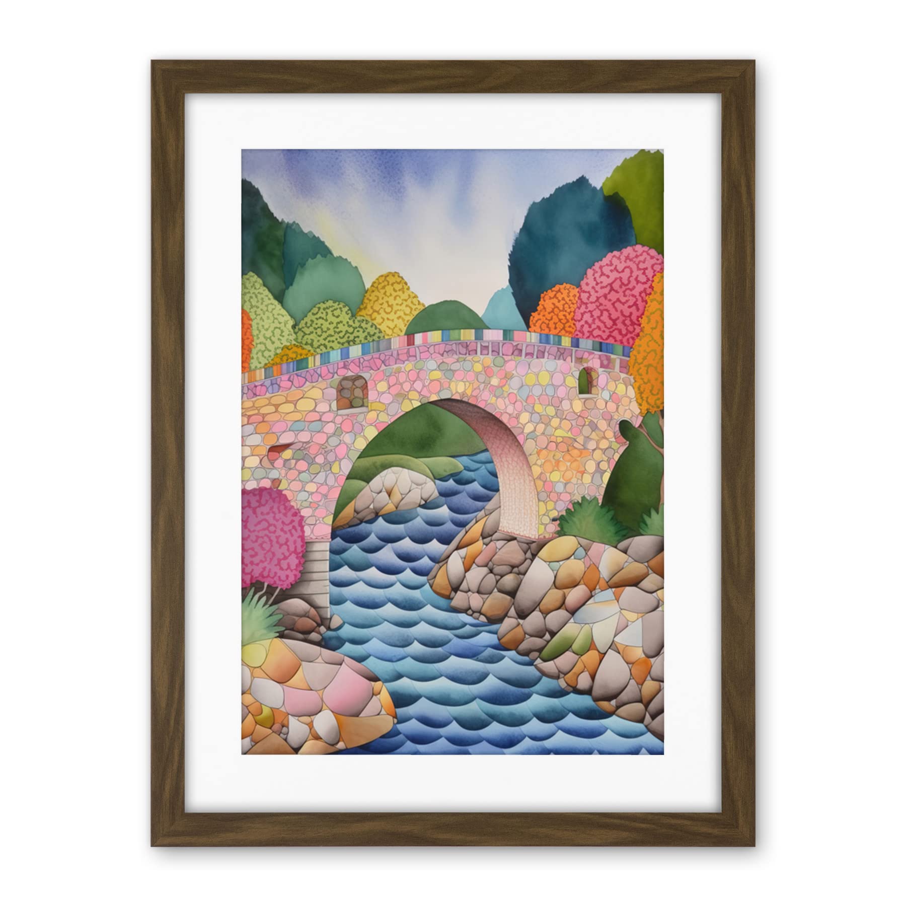 Artery8 Modern Folk Art Countryside Bridge Artwork Framed Wall Art Print 18X24 Inch