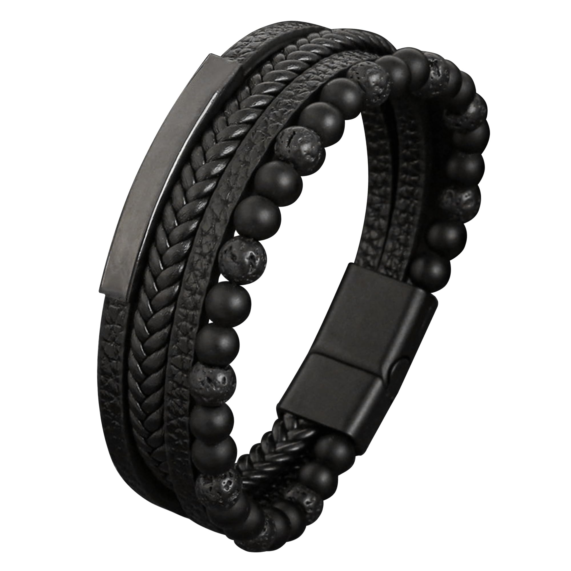 Mochity Pulsera Cuero Hombre Negro Marrón Azul, 21cm Pulseras Hombre Cuero Con Cierre Magnética, Pulsera Trenzada con Piedras Naturales Cuentas,Brazalete Hombre con Caja de Regalo
