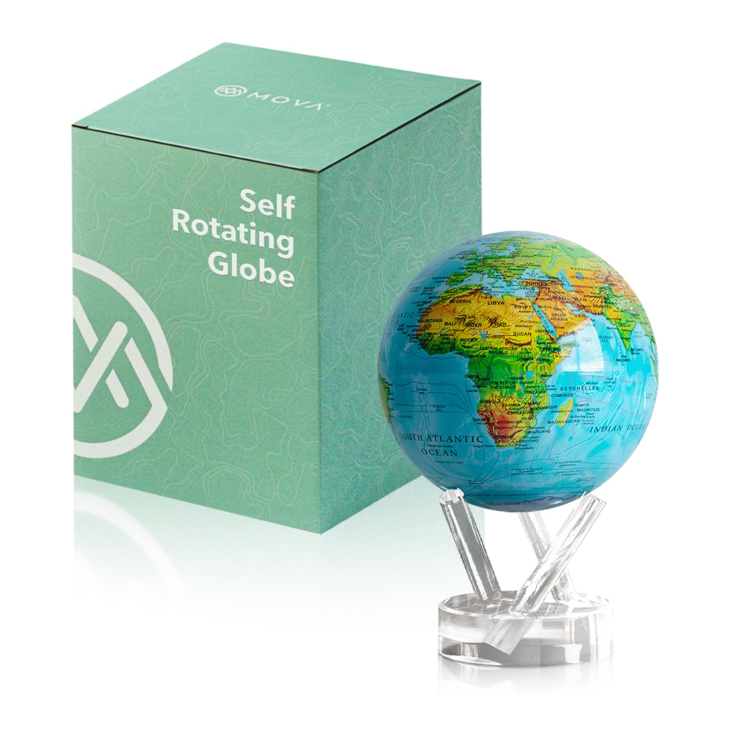 MOVA Globe - Ocean Blue Relief Classic (4.5") | Solar-Powered Rotating World Globe with Terrain Detail | No Batteries or Cords | Elegant Desk Décor or Educational Gift