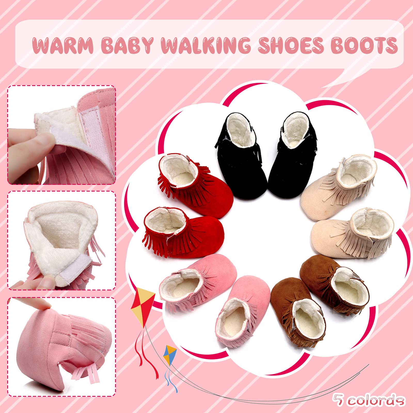 Toddler Girls Snow Boots Kids Soft Warm Cozy Winter Shoes Tassels Plush Furry Lined Boots Baby Anti-Slip Winter Boots (Beige, 0-6 Months)