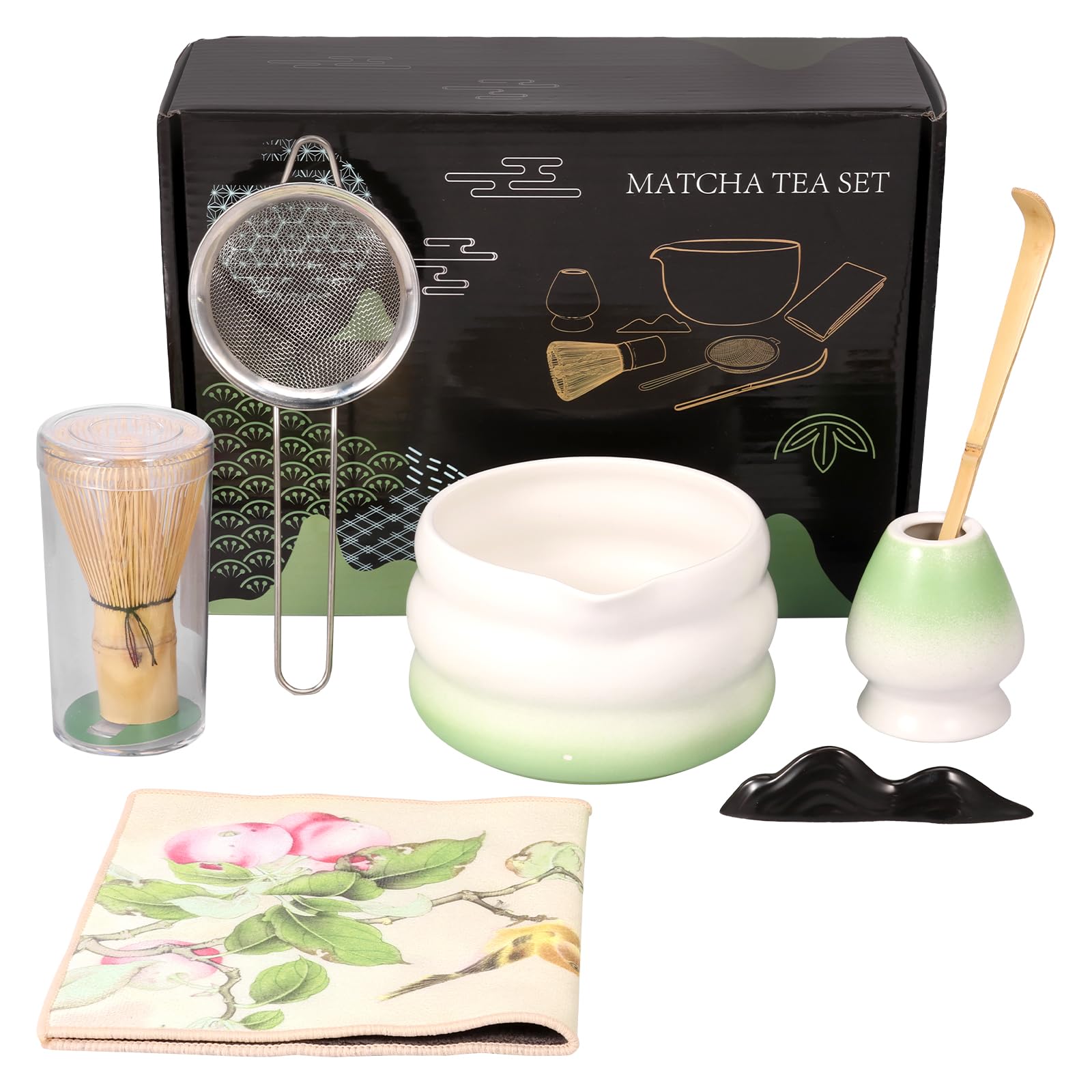 Juego de batidores de matcha – Juego de 7 piezas para hacer té japonés con cuenco matcha, batidor de bambú y soporte de cerámica, tamiz de batidor de acero inoxidable, paño de cocina