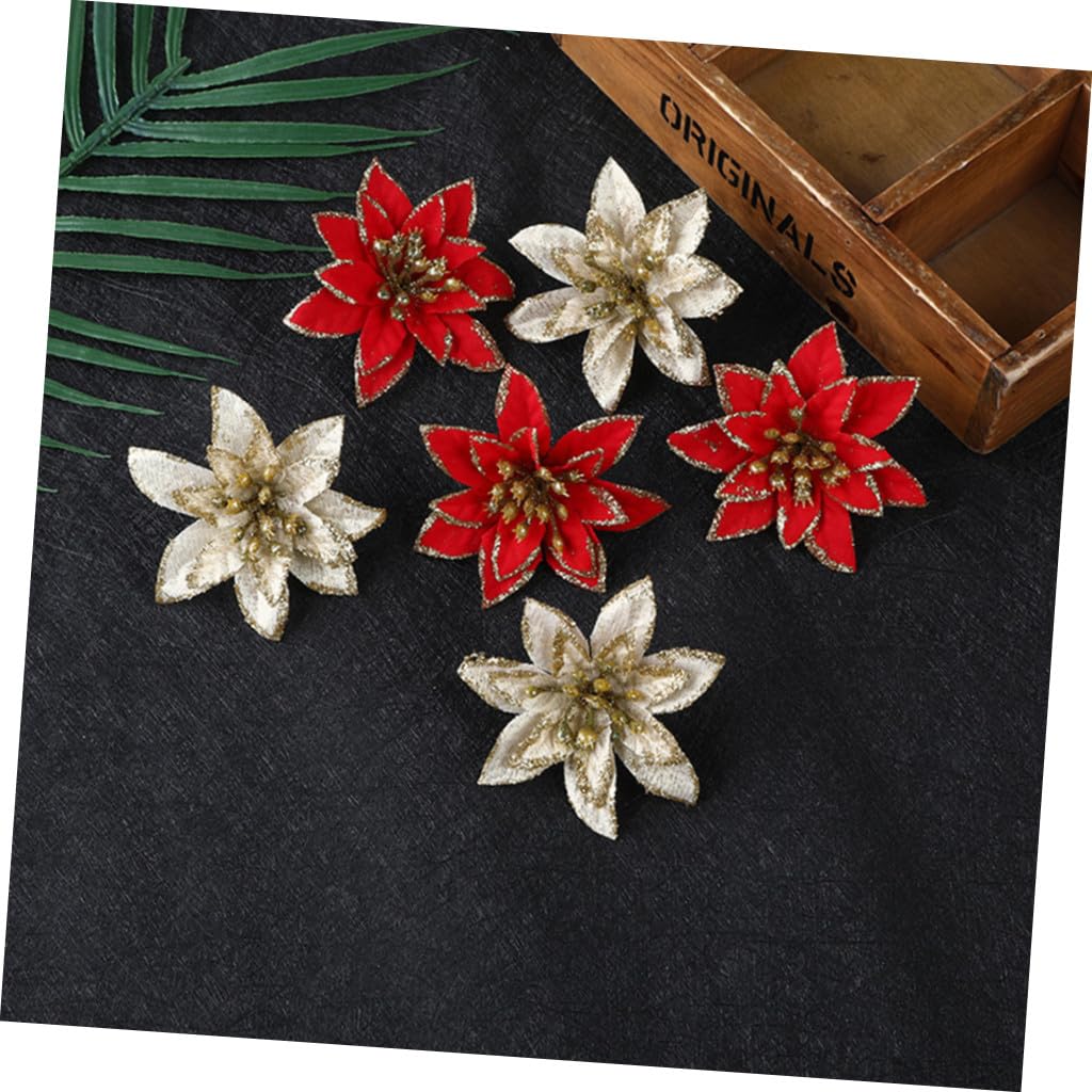 DECHOUS 72 Piezas Flores Artificiales Navideñas Flores De Nochebuena De Seda Flor De Nochebuena con Purpurina Navideña Flor De Pascua Falsa Suministros para La Fiesta Tela De Seda Flash