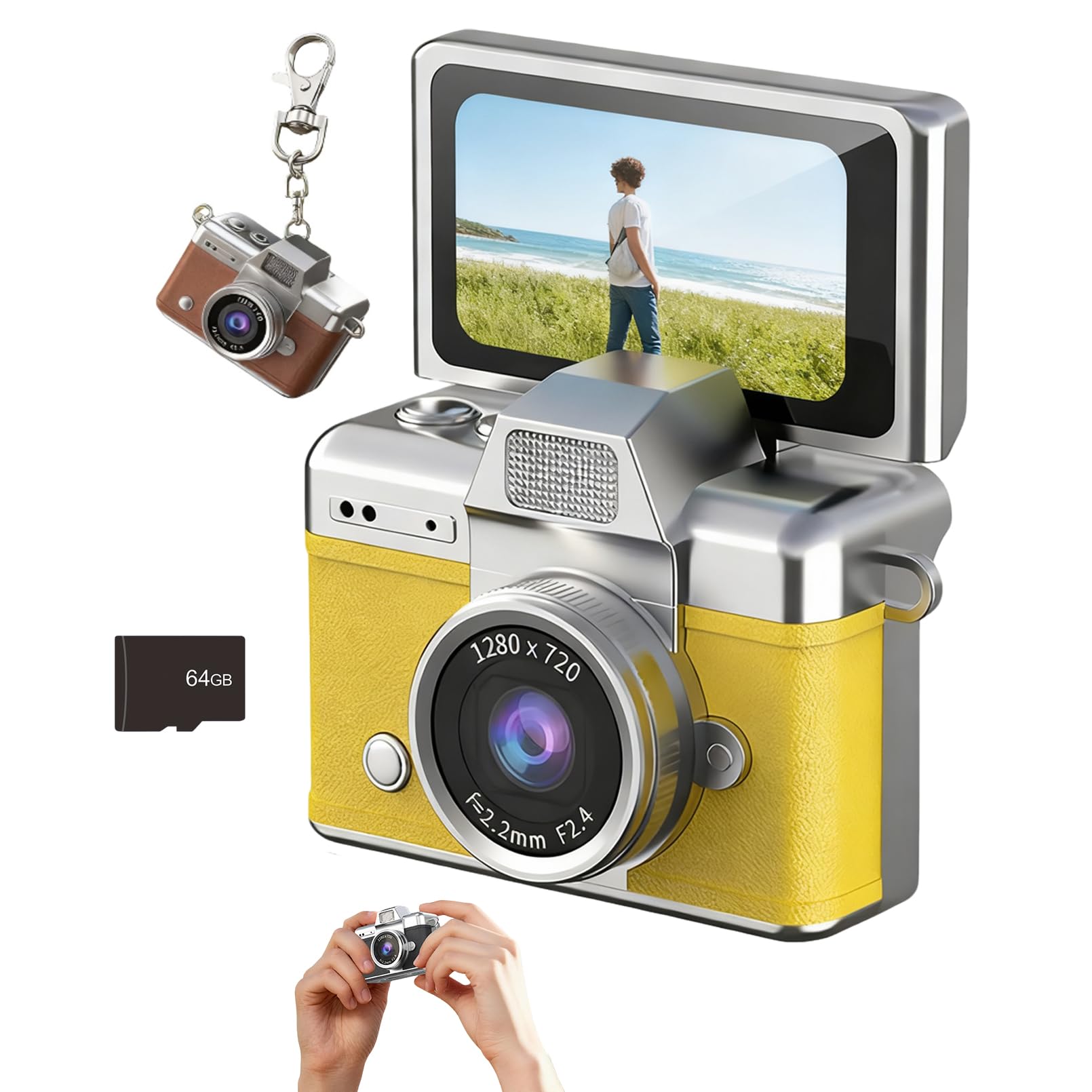 Mini Digital Camera Keychain with 1.47 in LCD Screen 1080P, 2026 New Mini Retro Camera, Retro Ccd Digital Camera with Lanyard, Built-in Flash, Include 64gb Tf Card for Travel Party (Yellow)-image-26