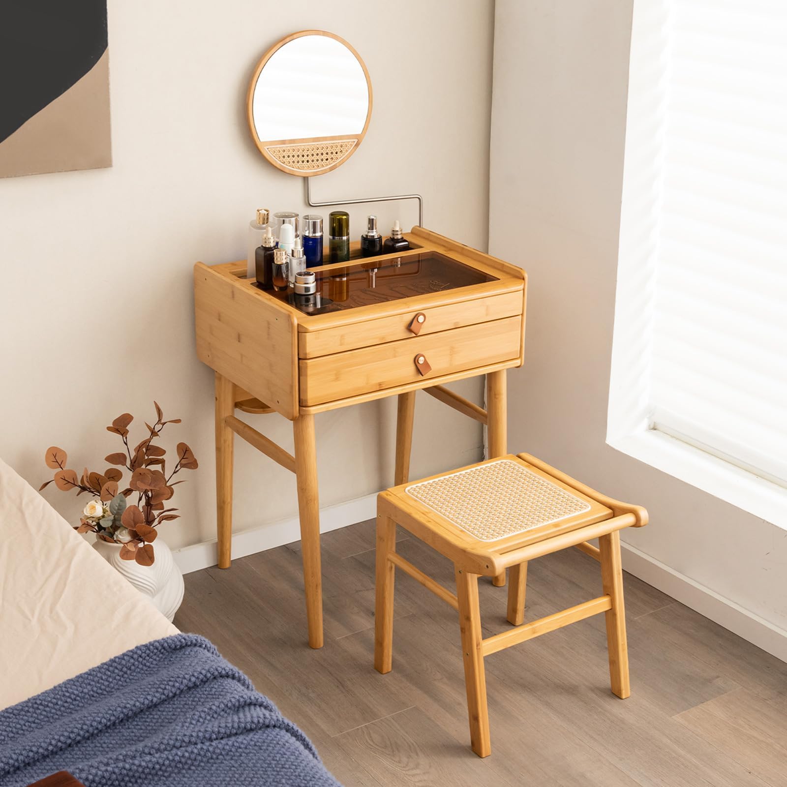 Byroce Boho Vanity Desk, Makeup Vanity Table Set w/Mirror, Modern Vintage Dressing Table w/ 2 Drawers & Jewellery Display Tabletop, Rattan & Bamboo Style (Table & Stool Set)