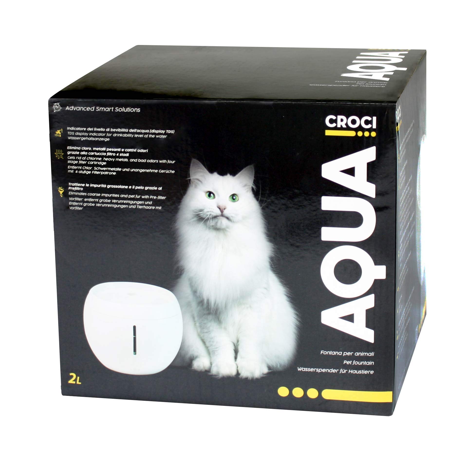 Croci Aqua -Fontana per Gatti e Cani, Indicatore Qualità dell'Acqua Tds, Doppio Sistema di Filtraggio, Sensore Livello dell'Acqua, Sensore Cambio Filtro, Silenziosa, Capacità 2L