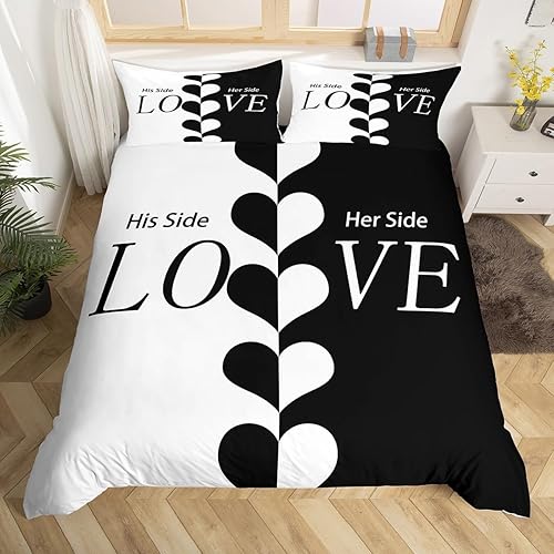 Juego de funda de edredón para parejas, juego de ropa de cama romántica con texto en inglés "His Side Her Side", funda de edredón romántica para