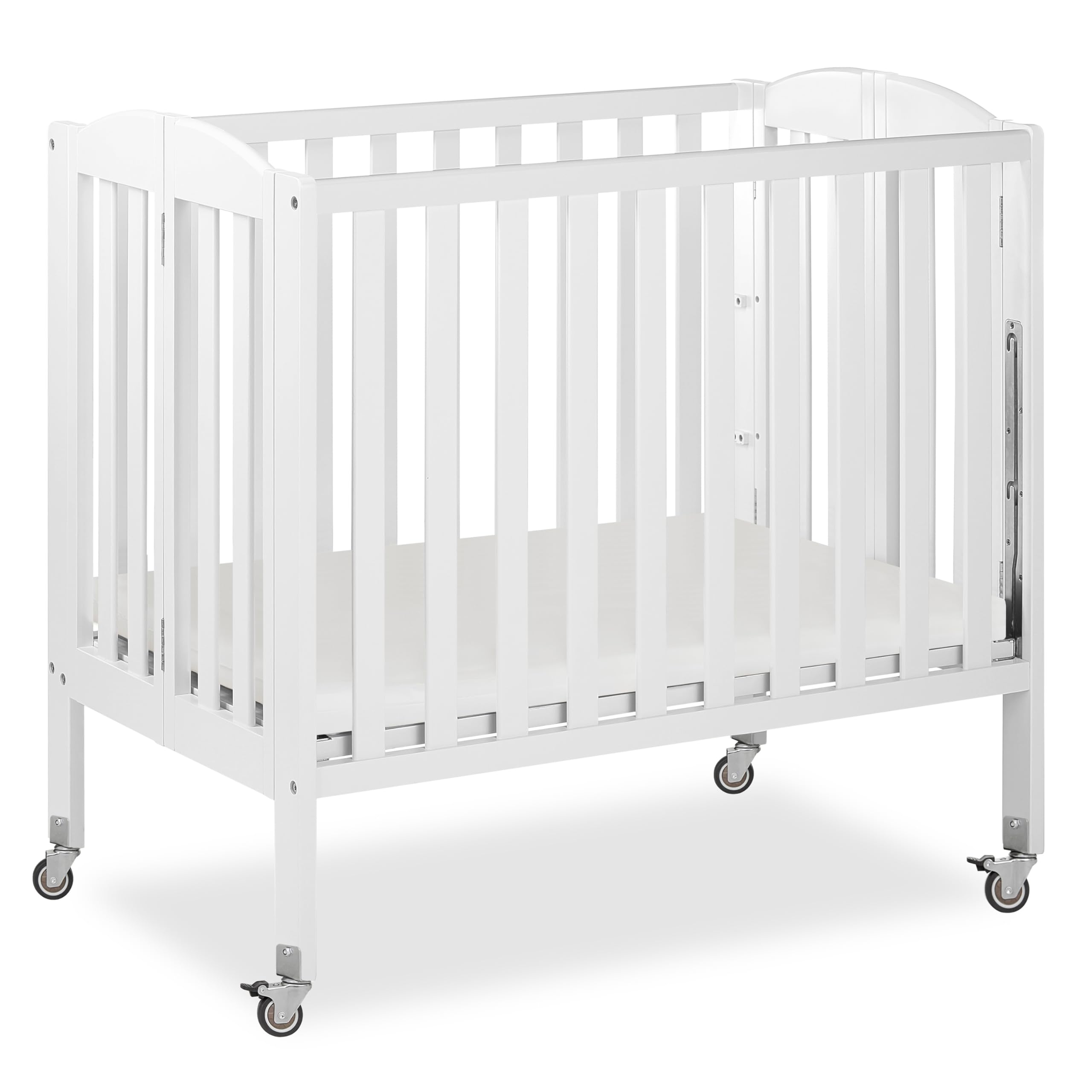 3-in-1 Portable Folding Stationary Side Mini Baby Crib in White & Mattress, GreenGuard Gold & JPMA, Use as Changer & Playpen, Locking Wheels, 3 Mattress Heights, Extra Firm Mattress