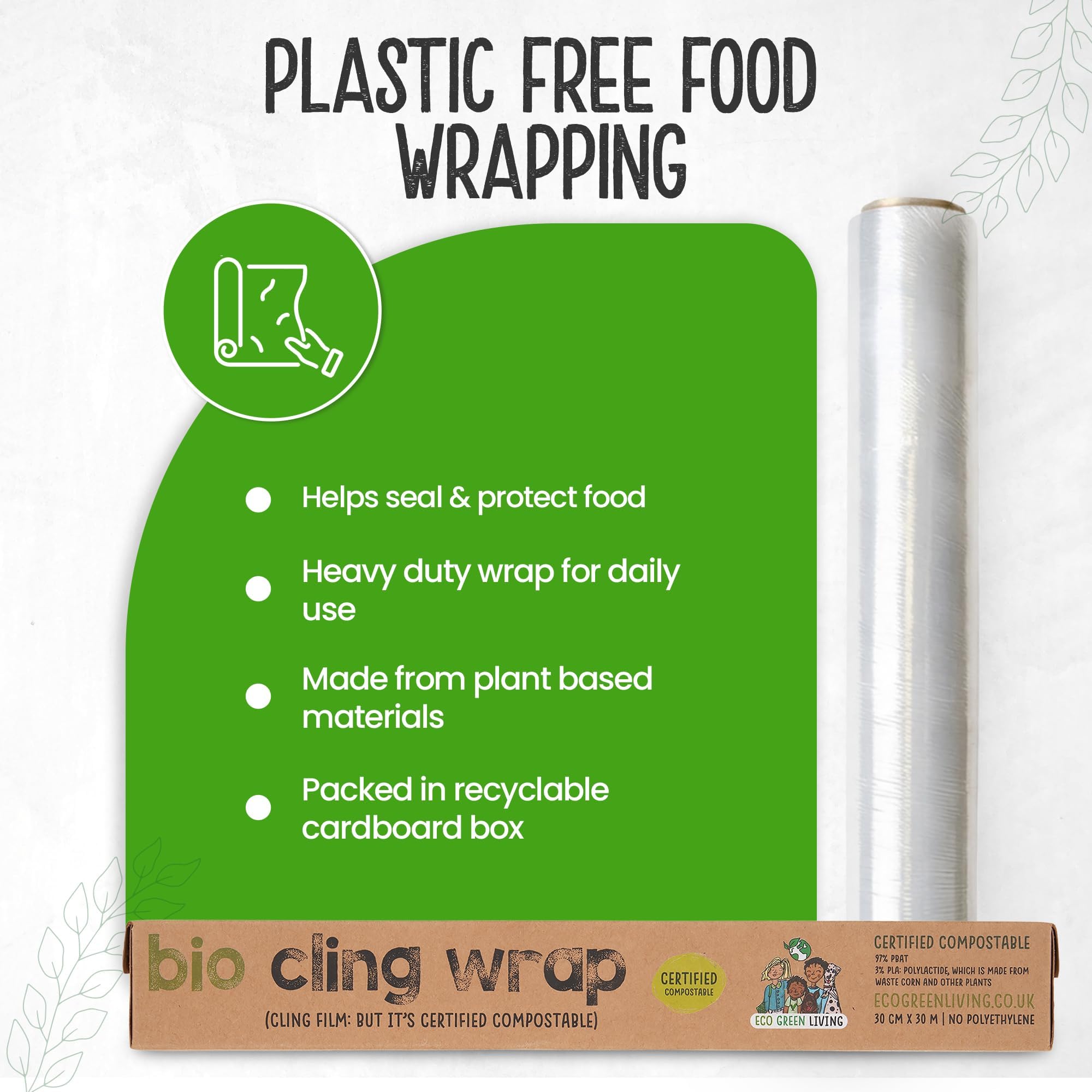 Pellicola trasparente biodegradabile Eco Green Living, 100% compostabile, senza BPA e plastica, vegana, adatta a dispenser in cartone riciclabile. Confezione da 3 rotoli da 30 cm x 30 m