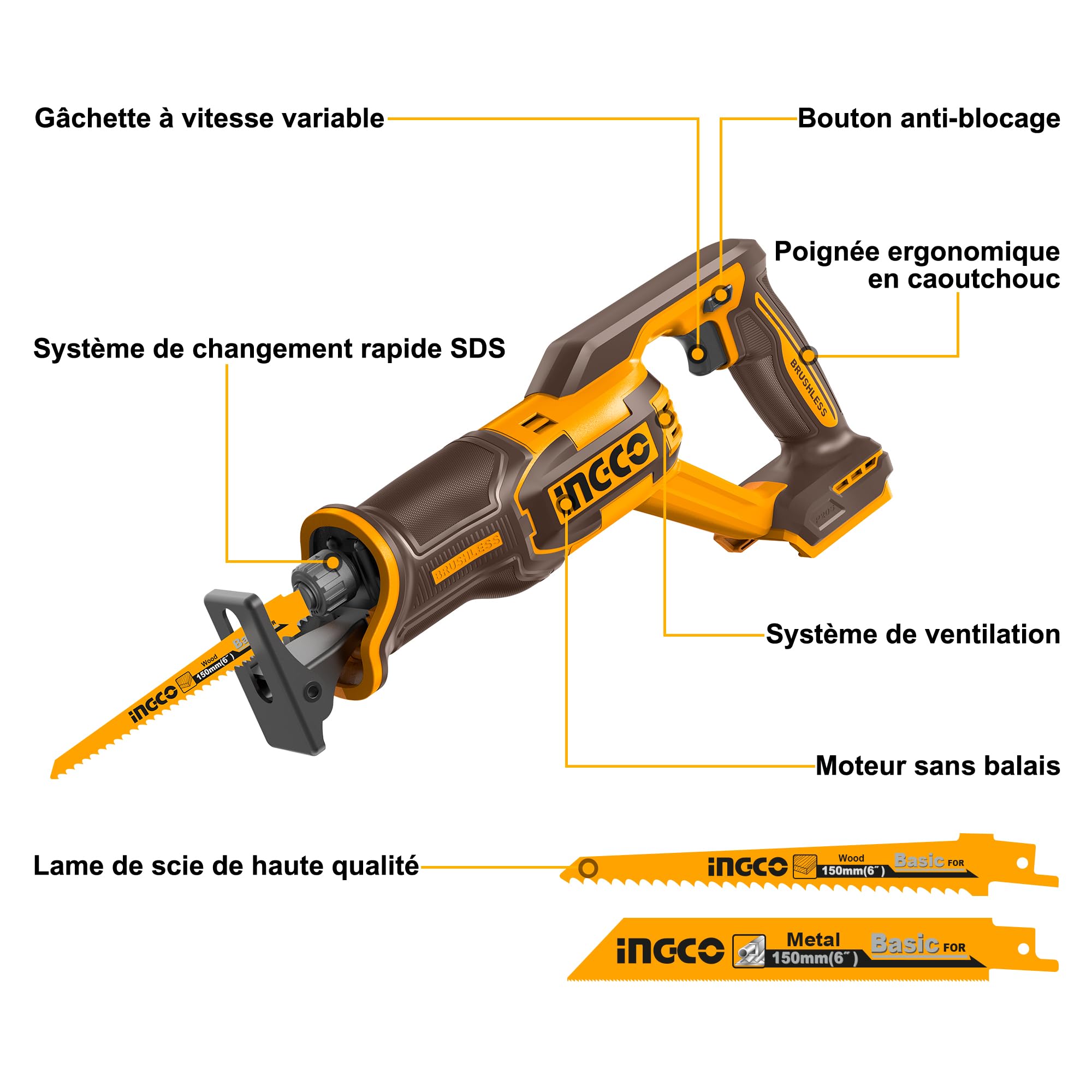 INGCO Scie Sabre Sans Fil 20V (Produit Seul) Moteur Sans Balais, 0-2800 tr/min, Capacités de coupe: 12mm Métal, 210mm Bois, avec 2 Lames de Scie Idéal pour Couper Bois, Métal et PVC CRSLI2108