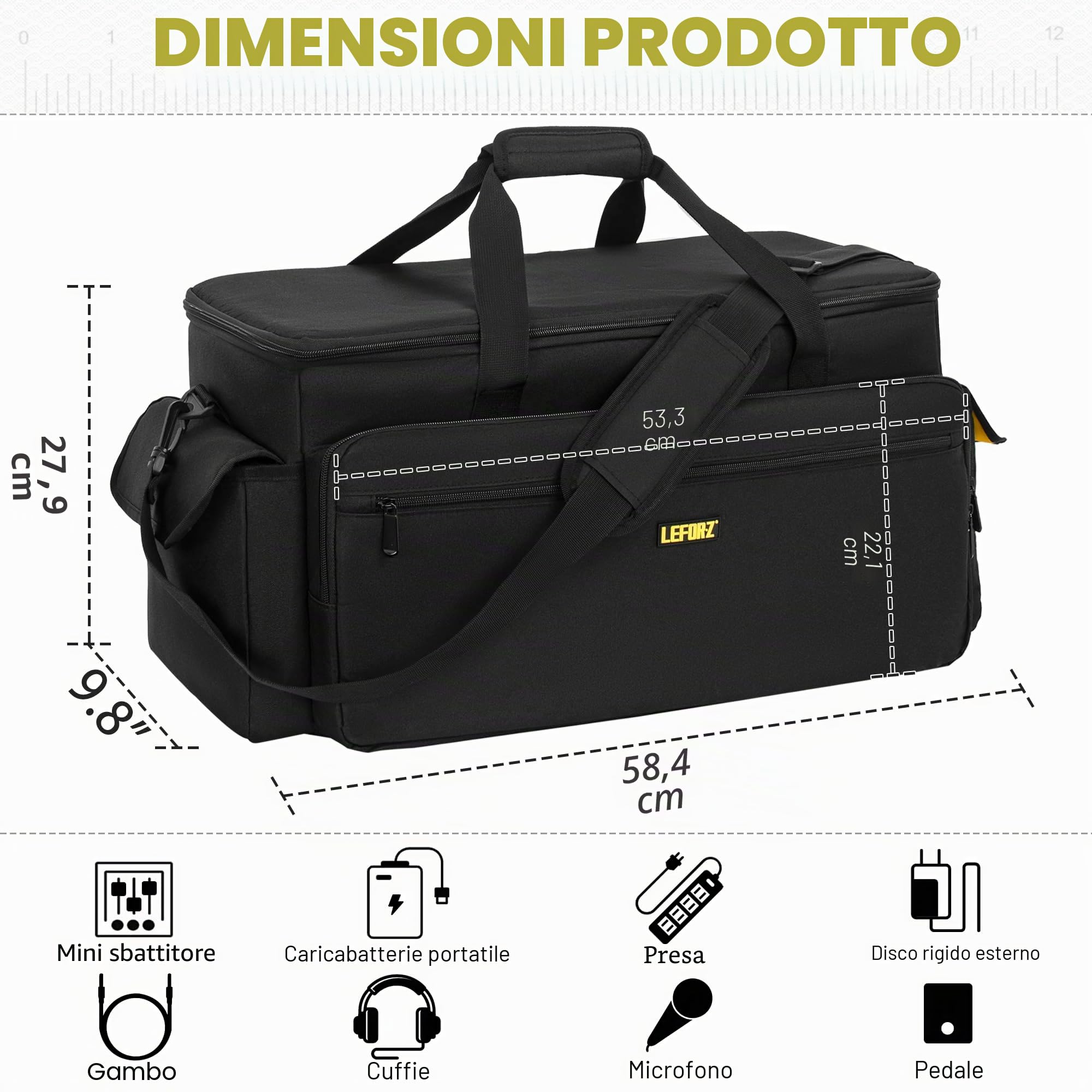 LEFOR·Z Borsa DJ,Borsa grande per Attrezzatura da DJ,borsa per organizer per file,cavi,con divisori rimovibili e fondo imbottito,Attrezzatura Musicale e Accessori
