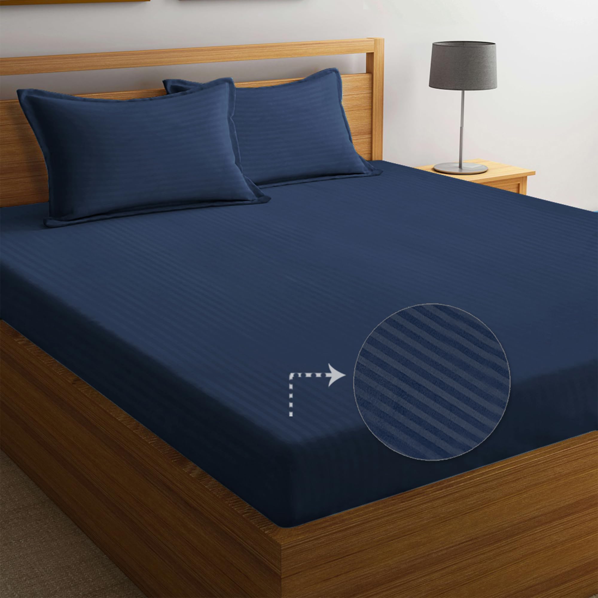 EARTHY THREADS 400 TC 100% Cotton Satin Stripes King Bed Sheet, Premium Hotel Bedsheet and Pillowcover Set for Hotels, Guest House & B&B (Navy Blue, 108x108 inches)