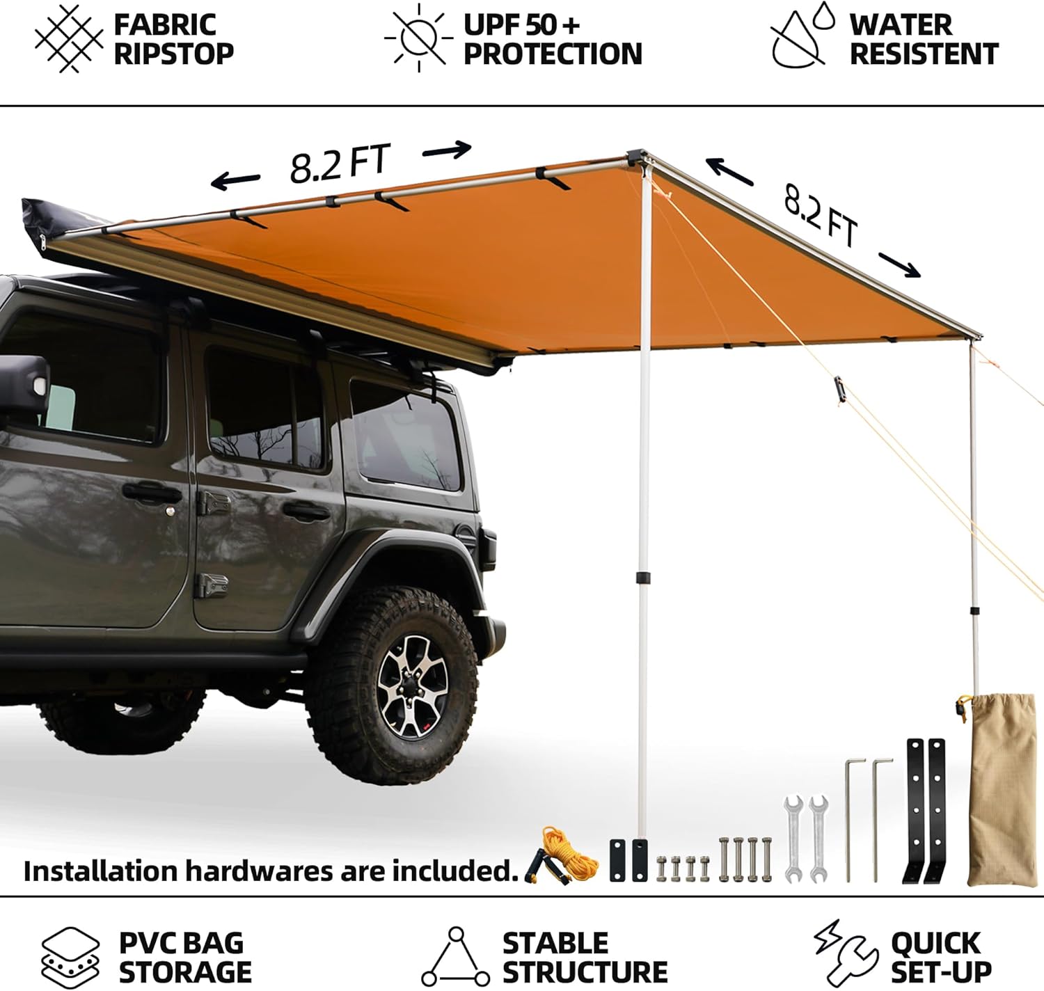 Vehicle Awning, 8.2ft x 8.2ft, Rooftop Pullout Ripstop UPF50+ Side Awning, Reinforced Hinges Poles for Jeep/SUV/Truck/Van Vehicle Awning, 8.2ft x 8.2ft, Rooftop Pullout Ripstop UPF50+ Side Awning, Reinforced Hinges Poles for Jeep/SUV/Truck/Van
