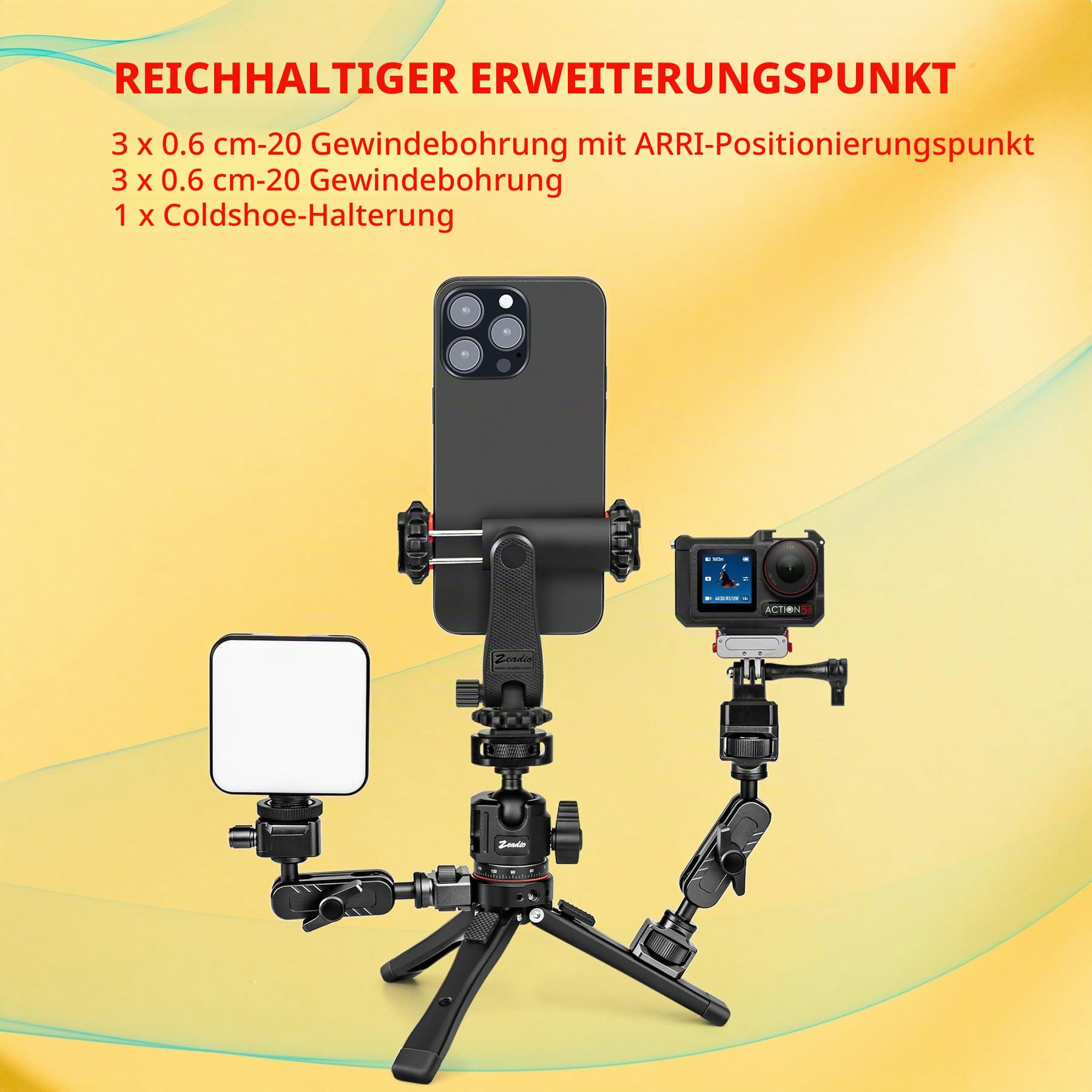 Zeadio Robustes Stativ-Set aus Metall, 1/4" Adapter Stativgewinde mit Smartphone-Halter & Action-Cam-Adapter Handy-Stativ & Reisestativ für iPhone/Android Kamera Gimbal Action-Cam u.a