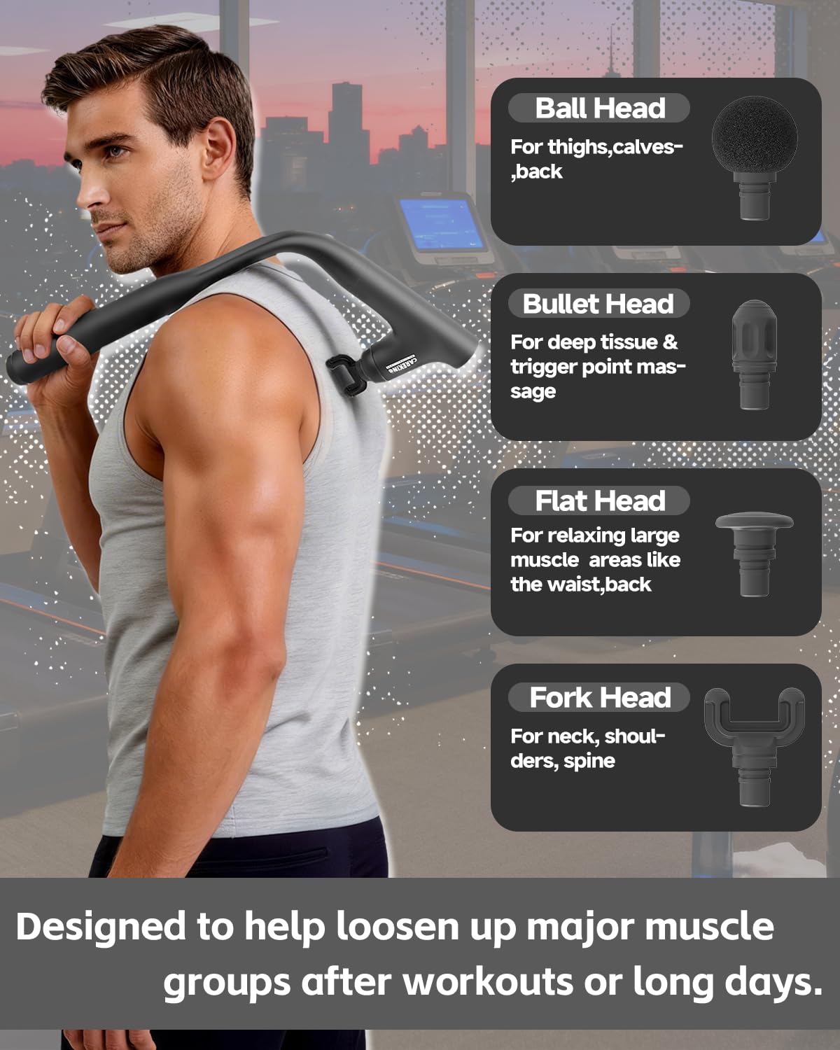 Pistolet de massage convertible 3 en 1 pour tissus profonds avec poignée étendue, soulagement des douleurs dorsales, masseur musculaire à percussion pour cou et épaules pour