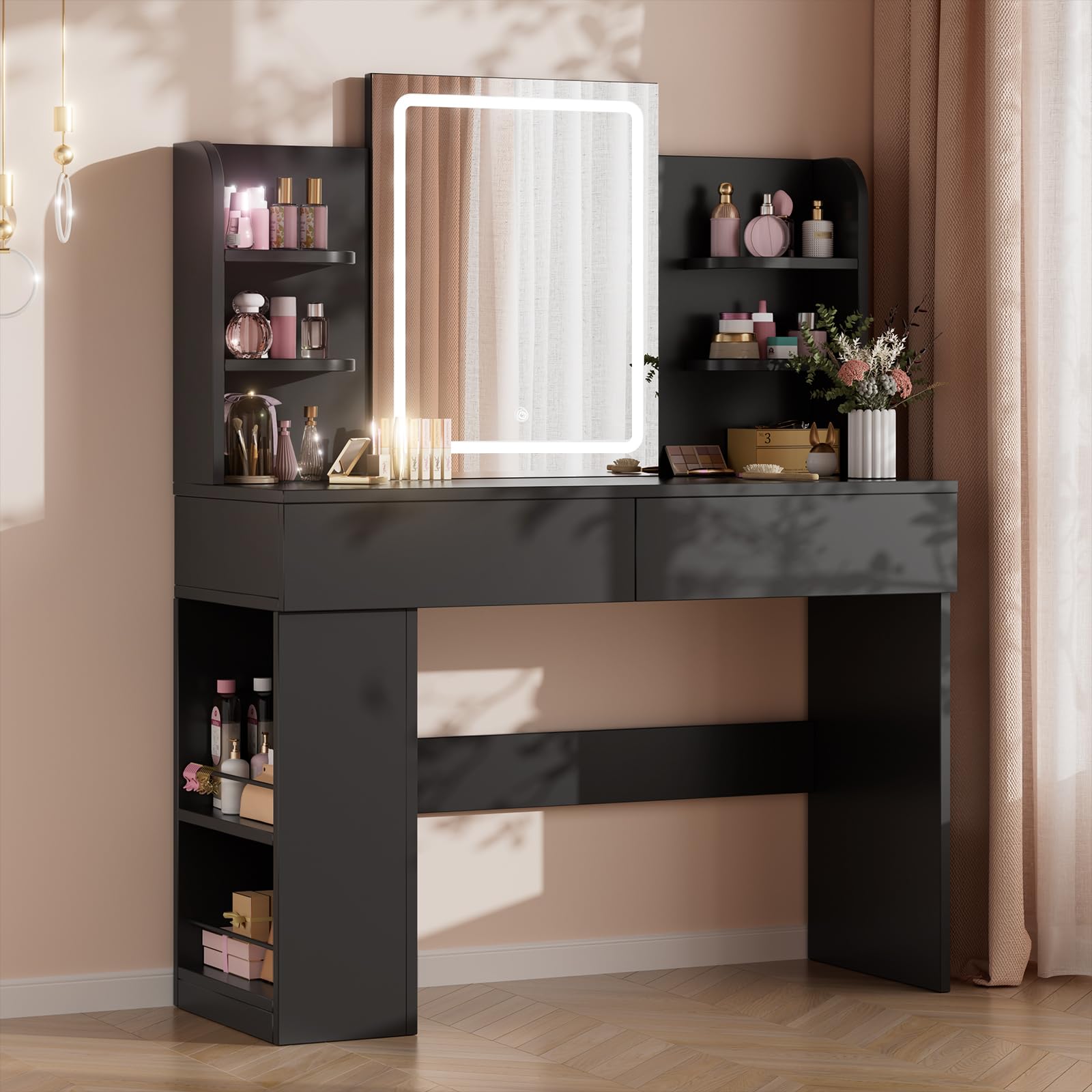 Airfish Dressing Table with LED Light,Vanity Desk with Mirror and Concealed LED Light Strip, MakeUp Desk with Two Drawers and One Sideboard,Modern (Black, 108 x 40 cm)