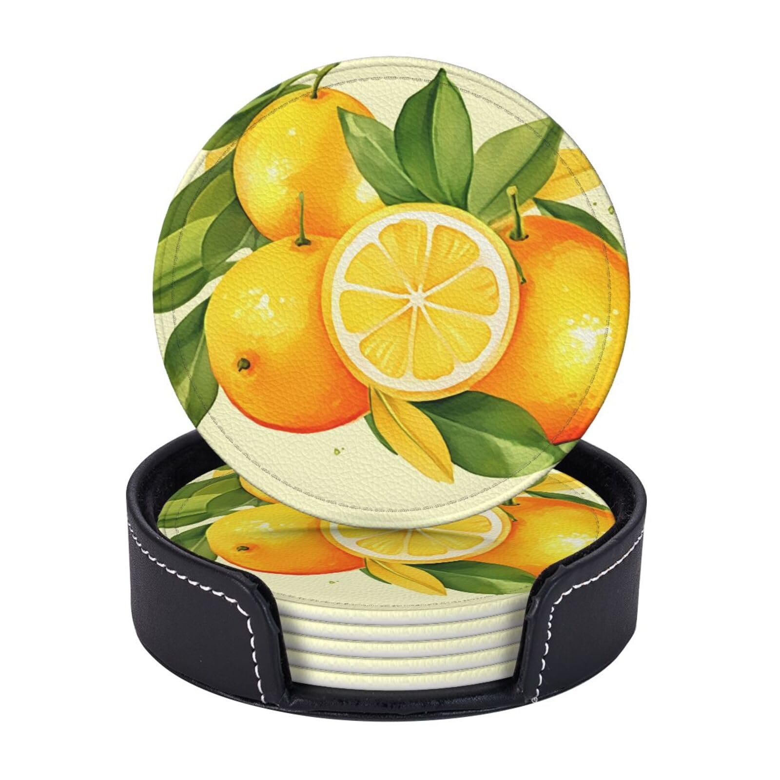6PCS Drink Coasters with Holder, 4" Leather Coasters for Drinks, Watercolor Lemon Fruit Cup Coasters for Coffee Table Decor, Non-Slip Drinking Cup Mat for Hot or Cold Drink