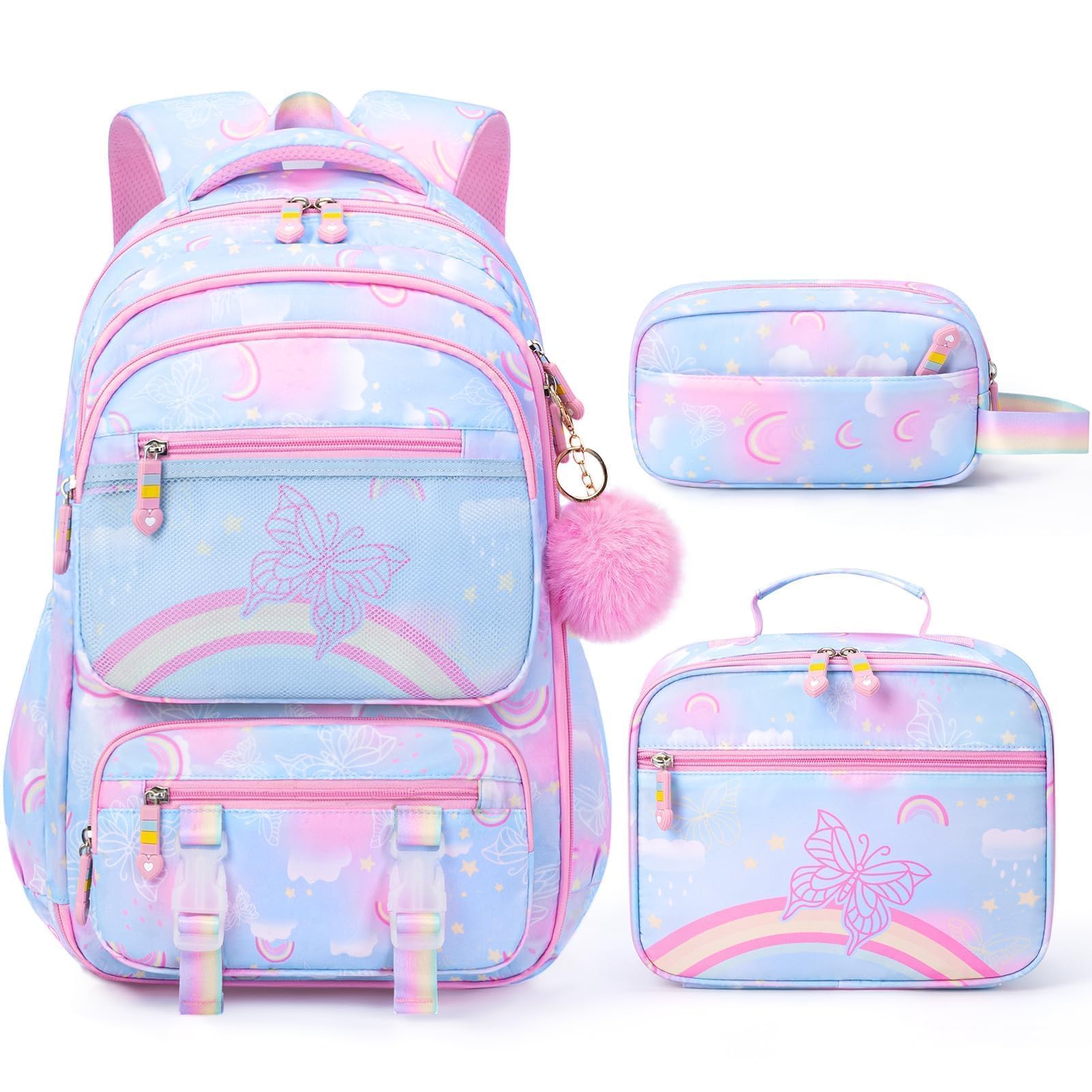 Fimibuke Kids Backpack for Girls, 3PCS Rainbow & Butterflies Teen Girls Backpack with Lunch Box & Pencil Case, Cute Blue Bookbag School Bag for