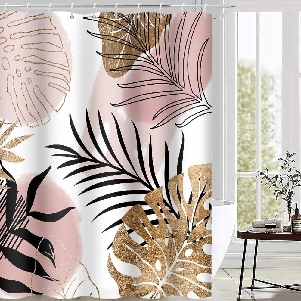 Rideau douche rose tropical 180x200 lavable avec motifs de feuilles pour baignoire chic
